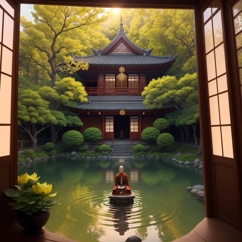 Avalokitesvara sits cross-legged in a Buddhist temple at dusk. The setting sun directly shines on the Guanyin inside the house, There is a wall behind it, and there are some Buddhist classics on the wall. transparent glass wall at the front, There is a large window, and you can see the distant mountains, green trees, pink cherry blossoms, and some monks in robes walking on the lakeside path with lotus flowers on the lake,