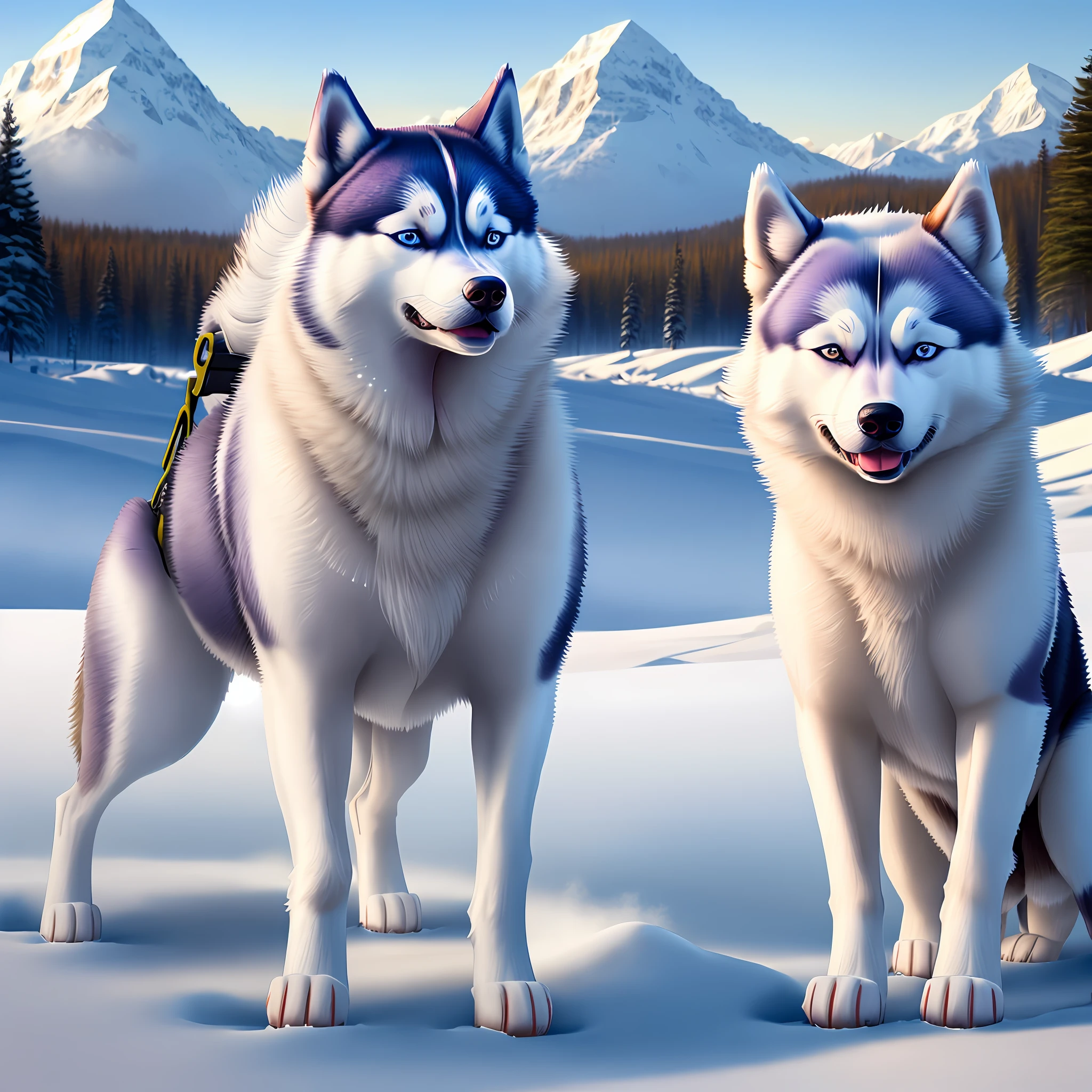 Two husky dogs standing in the snow with mountains in the background ...