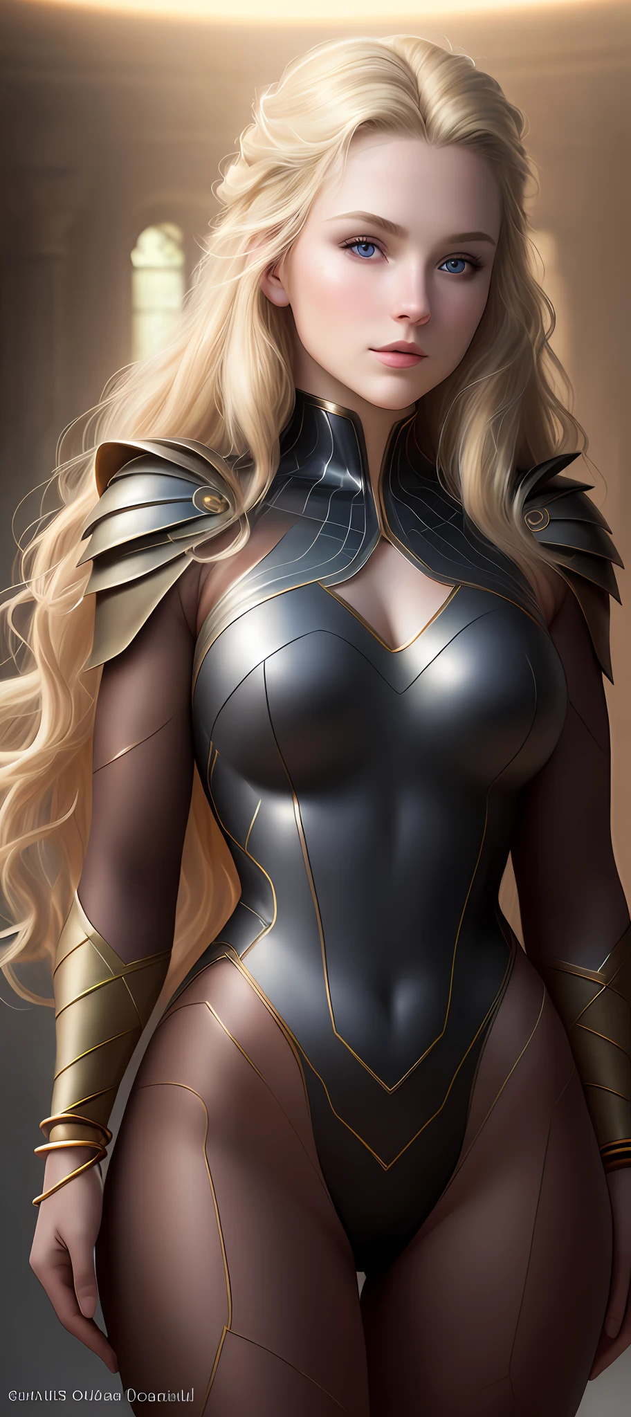 "Complete art masterpiece, high quality, ultra detailed in 4k, 8k, high resolution, hyper-realistic photo, hyper-detailed, realistic skin texture, amazing shadows, extremely detailed texture, perfect lighting, high-level image quality." A female heroine, (Fair skin, blond hair, outlined eyes, outlined face, bracelet, Full body), wearing a one-piece superhero costume, realising a Magic light from hands