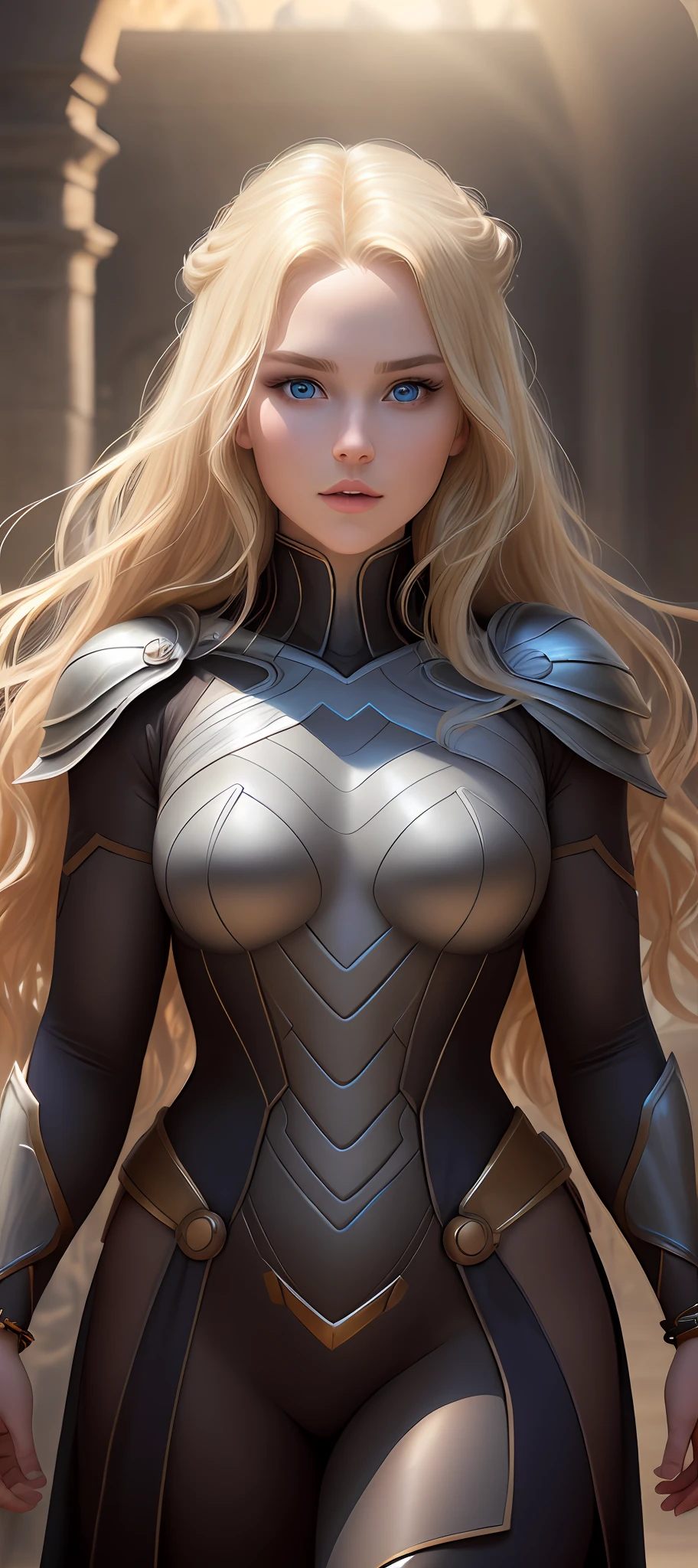 "Complete art masterpiece, high quality, ultra detailed in 4k, 8k, high resolution, hyper-realistic photo, hyper-detailed, realistic skin texture, amazing shadows, extremely detailed texture, perfect lighting, high-level image quality." A female heroine, (Fair skin, blond hair, outlined eyes, outlined face, bracelet, Full body), wearing a one-piece superhero costume, realising a Magic light from hands