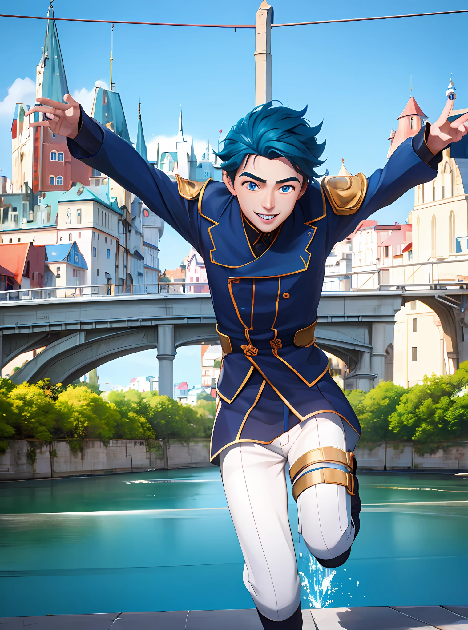 Boy jumping with happiness, smiling, blue and beautiful eyes, on a bridge, whole body, beautiful landscape, beautiful colors, 8k quality, cinematic focus