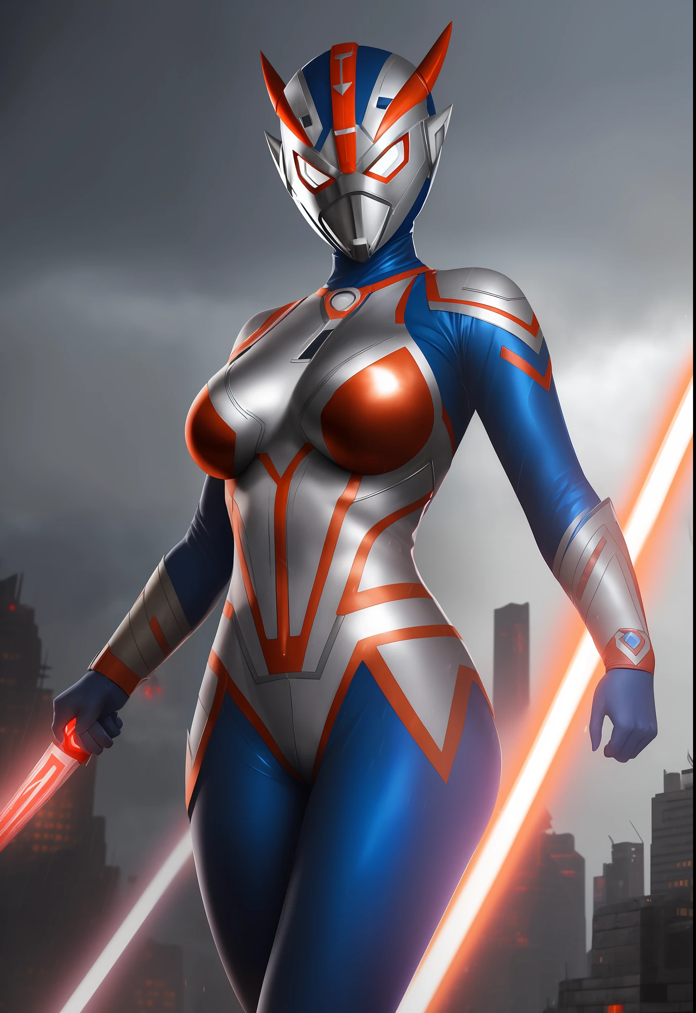 ((1girl/Ultraman/Giant/helmet with easy mask)), Unreal Engine 5/Mortal Kombat, anime style, full resolution/quality/sharpness/detail viewer, (no hair), breasts1giants, look/face/exhibitionist/holding futuristic weapon/hate expression, in a futuristic city raining/thundering.