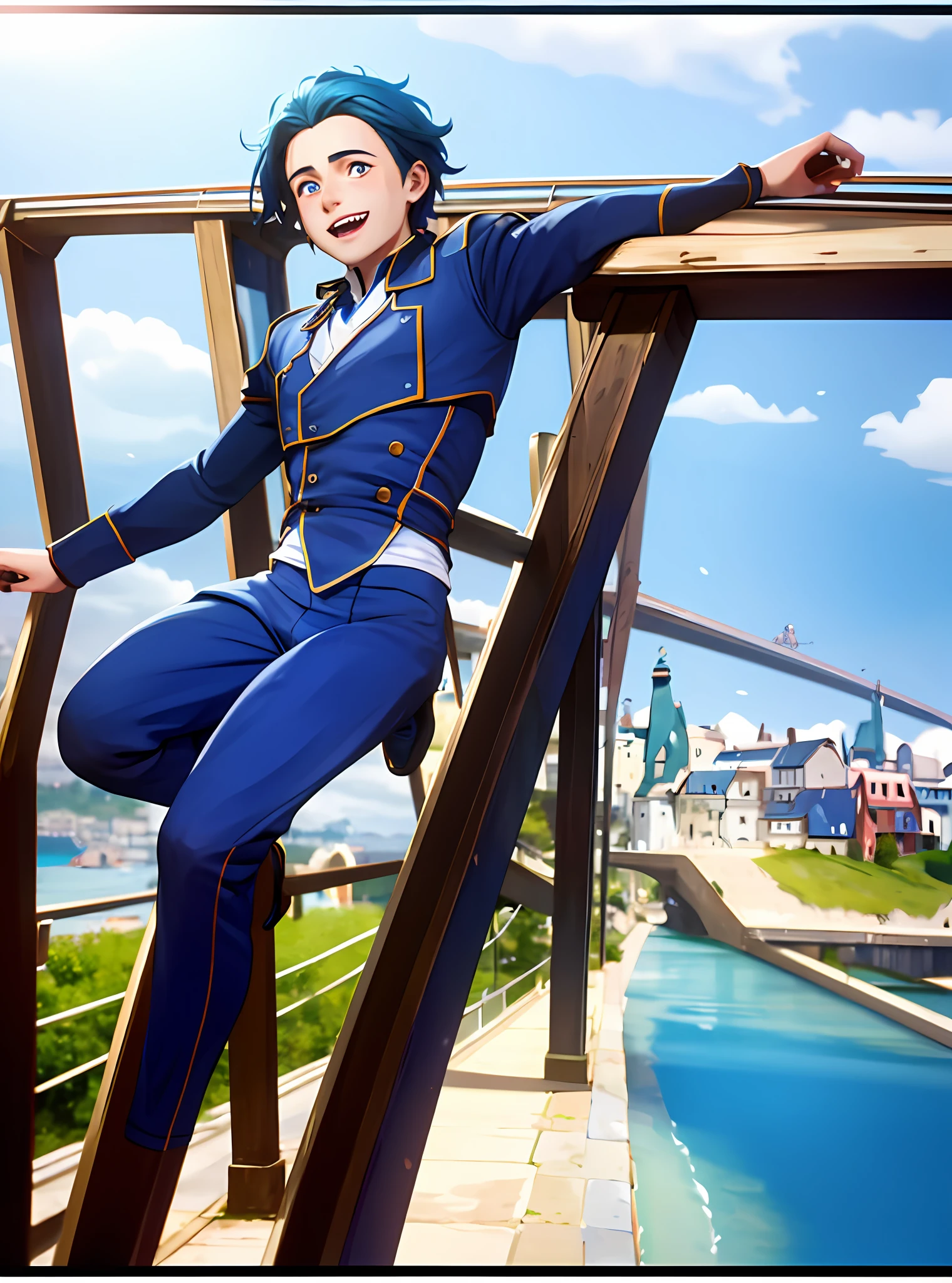 Boy jumping with happiness, smiling, blue and beautiful eyes, on a bridge, whole body, beautiful landscape, beautiful colors, 8k quality, cinematic focus