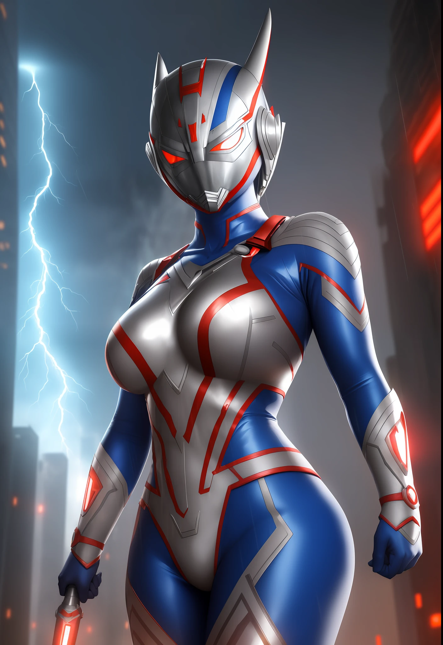 ((1girl/Ultraman/Giant/helmet with easy mask)), Unreal Engine 5/Mortal Kombat, anime style, full resolution/quality/sharpness/detail viewer, (no hair), breasts1giants, look/face/exhibitionist/holding futuristic weapon/hate expression, in a futuristic city raining/thundering.