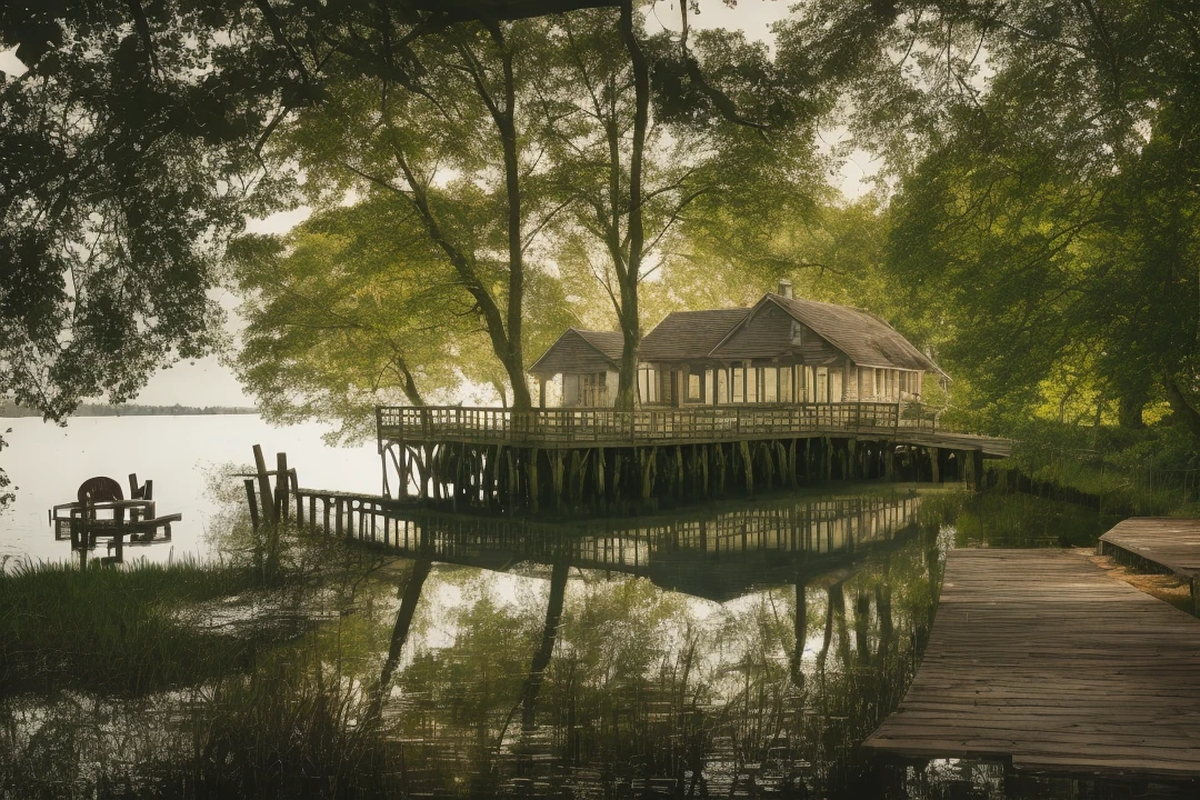 Lakeside house with old wooden pier, light passing through old trees and broken old bench in the garden in front of the house