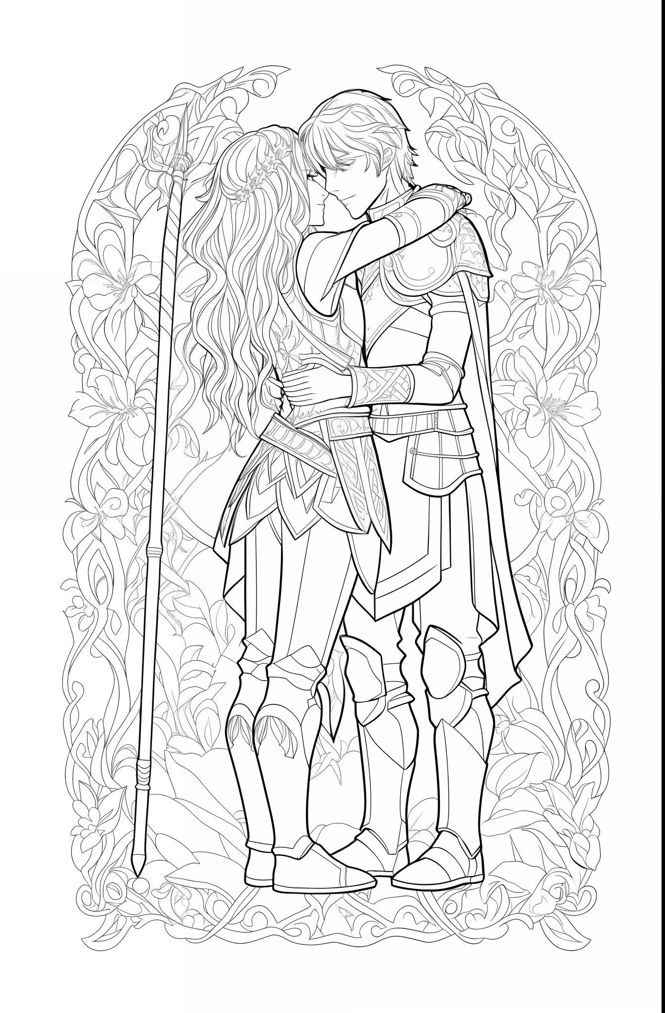 a coloring page of a pair of hugging knights, bold lineart, extremely thin ink lineart, lineart behance hd, line art coloring page, detailed linework, line art, stylized linework, clean lineart, clean coloring book page, line-art, coloring pages, highly detailed linework, intricate lineart, thick lineart, beautiful line art, human ears, normal ears