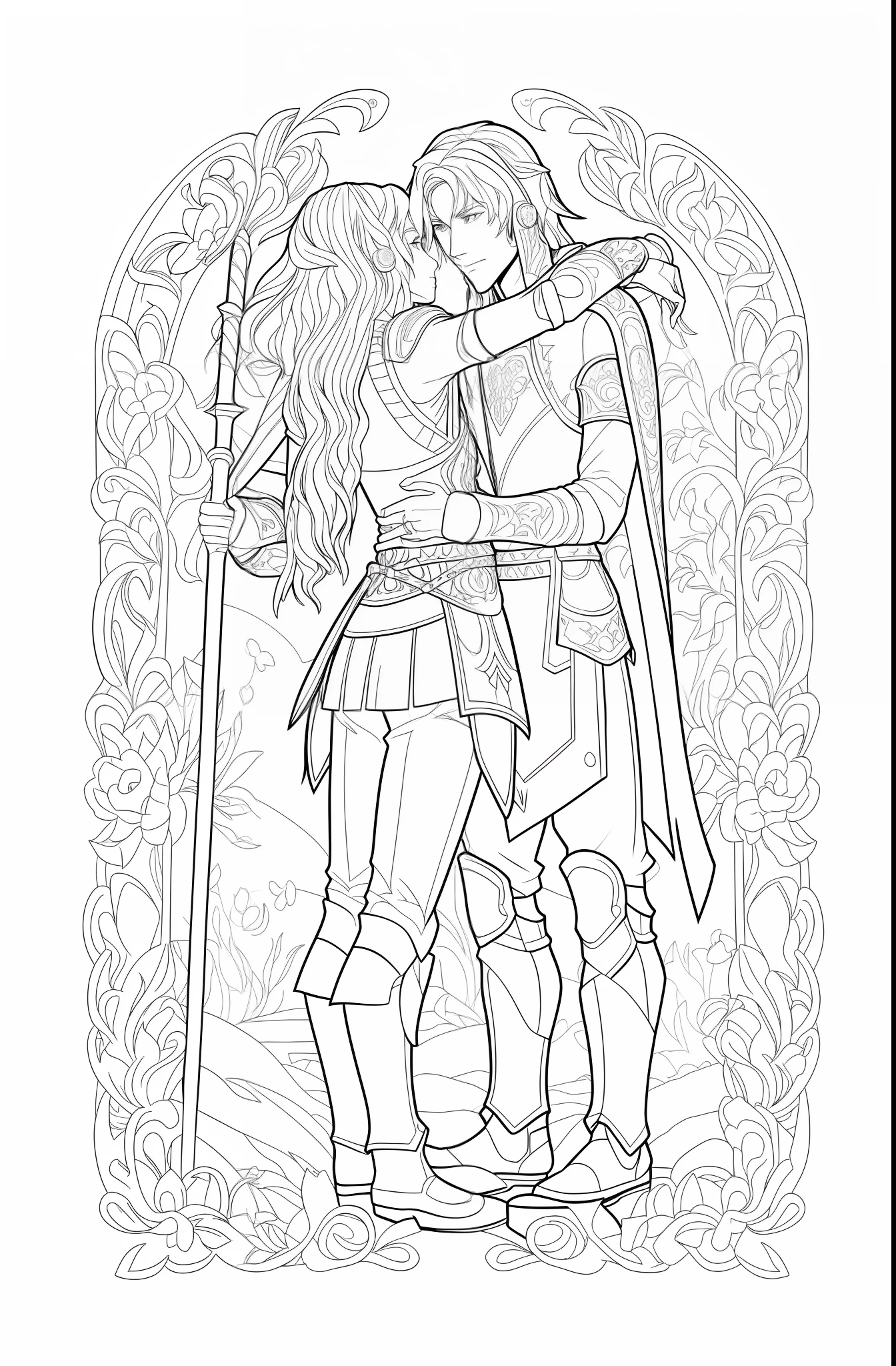 a coloring page of a pair of hugging knights, bold lineart, extremely thin ink lineart, lineart behance hd, line art coloring page, detailed linework, line art, stylized linework, clean lineart, clean coloring book page, line-art, coloring pages, highly detailed linework, intricate lineart, thick lineart, beautiful line art,  human ears, normal ears