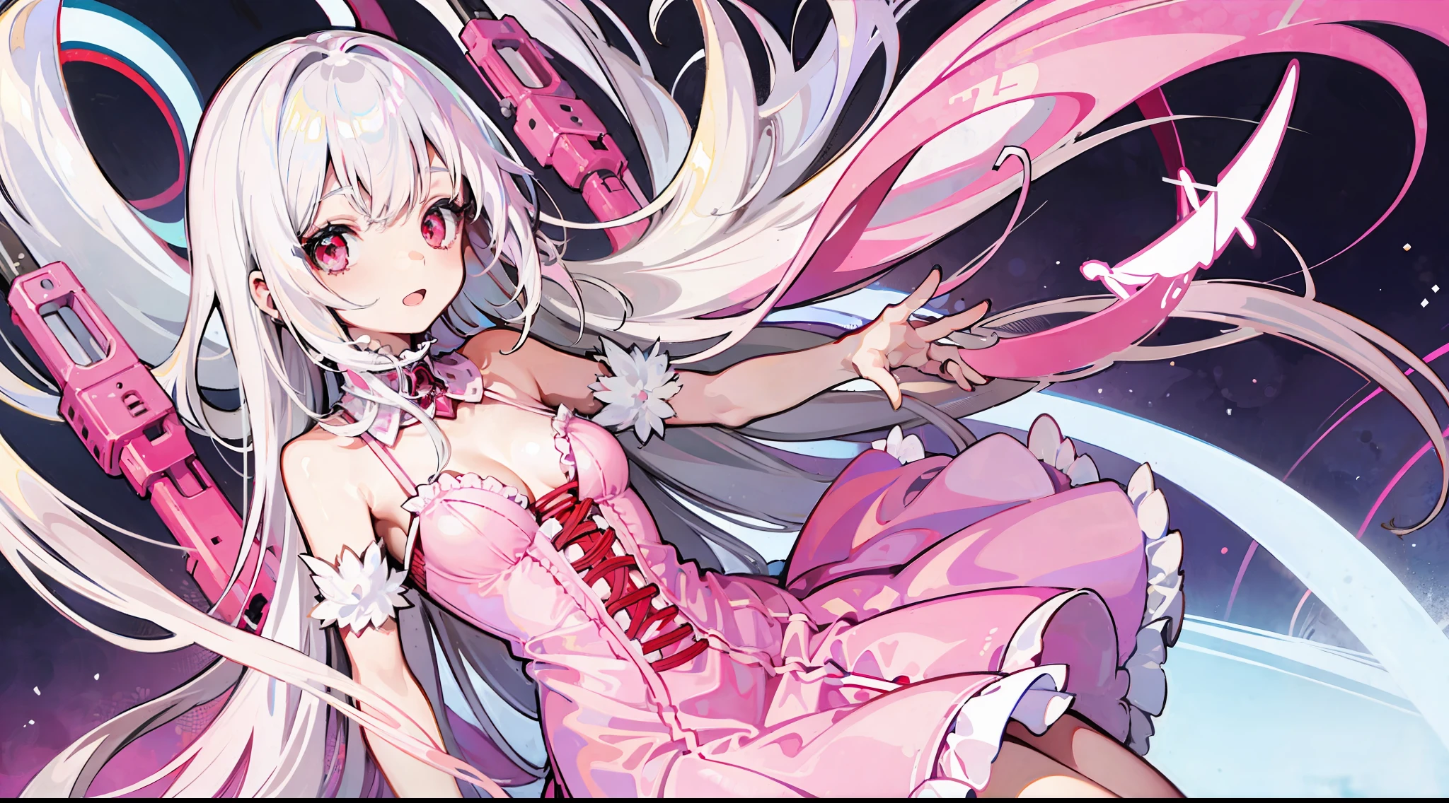 1girl, solo, white hair, red eyes, pink dress, dress, long hair