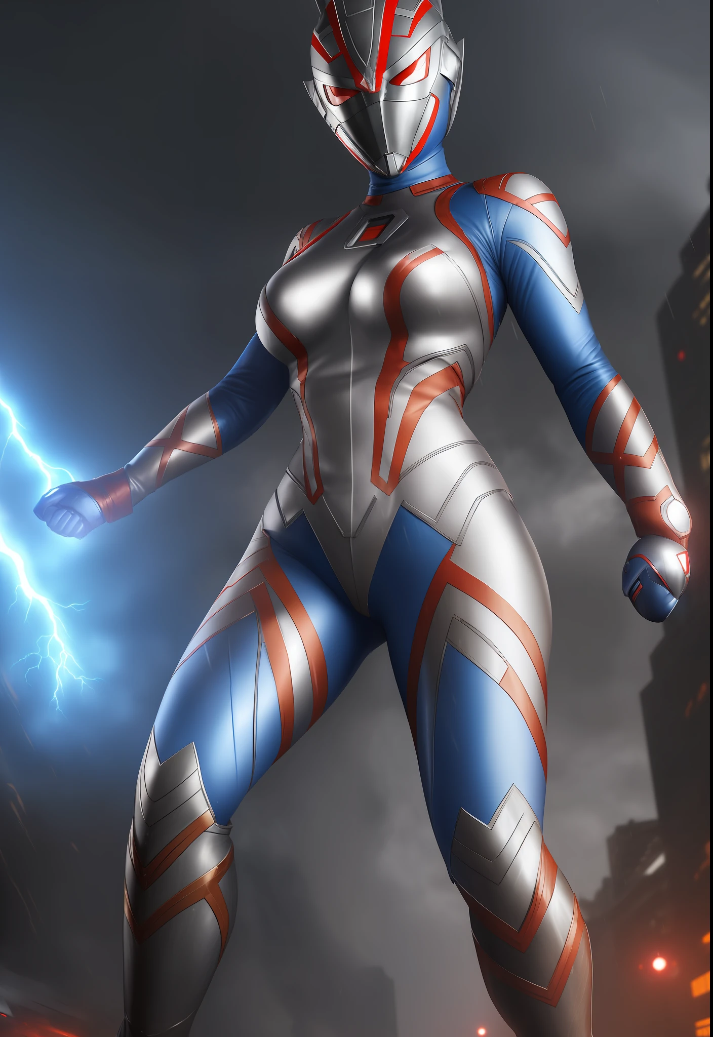 ((1girl/Ultraman/Giant/helmet with easy mask)), Unreal Engine 5/Mortal Kombat, anime style, full resolution/quality/sharpness/detail viewer, (no hair), breasts1giant, spectator/looking/face/showing off/fighting position/clenched fists, in a futuristic city raining/thundering.