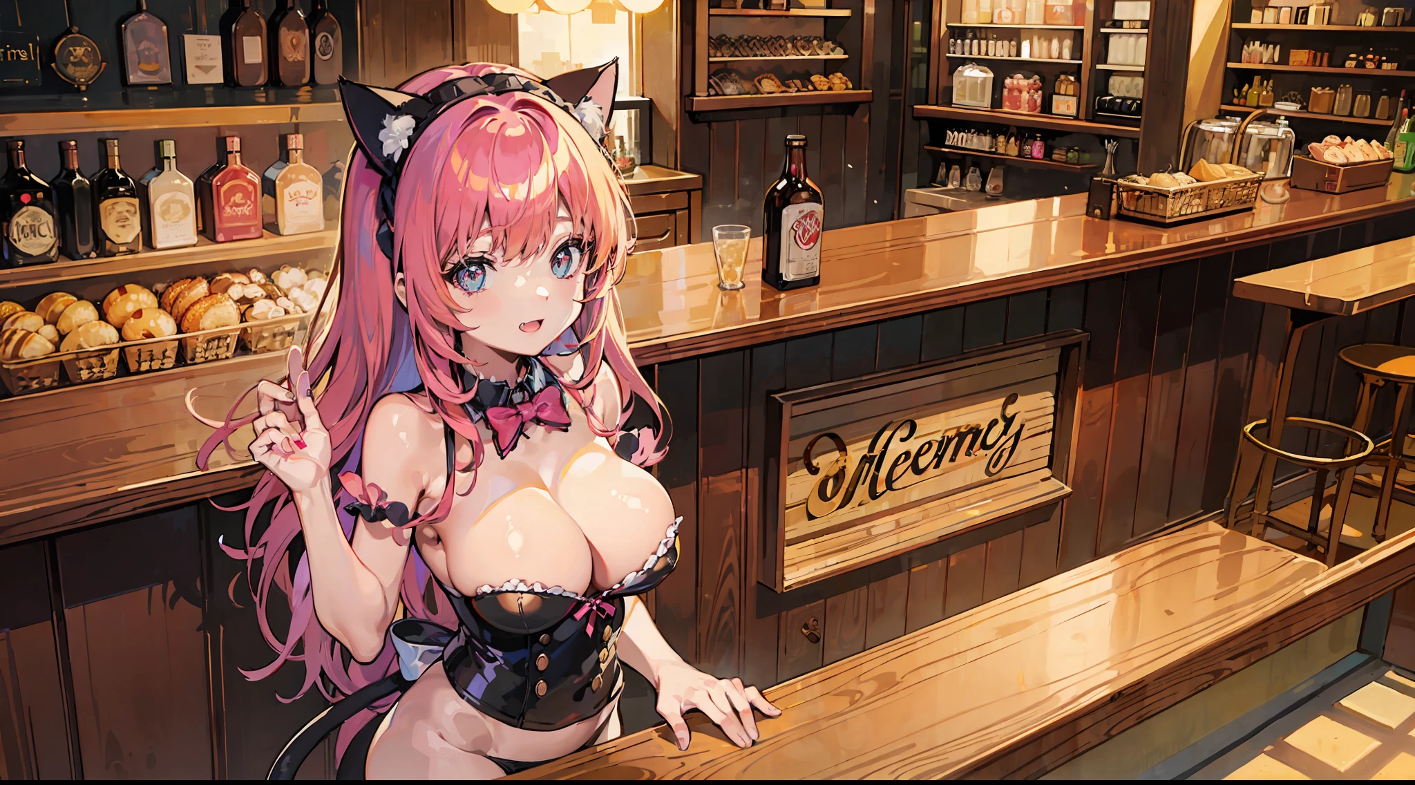 1girl, cat ears, orgomic cat ears, cat tail, revealing clothes, perfect figure, beautiful face, barmaid, bar counter, standing behind the counter, only underwear, lies on the bar, 18+,, big breast, without clothes