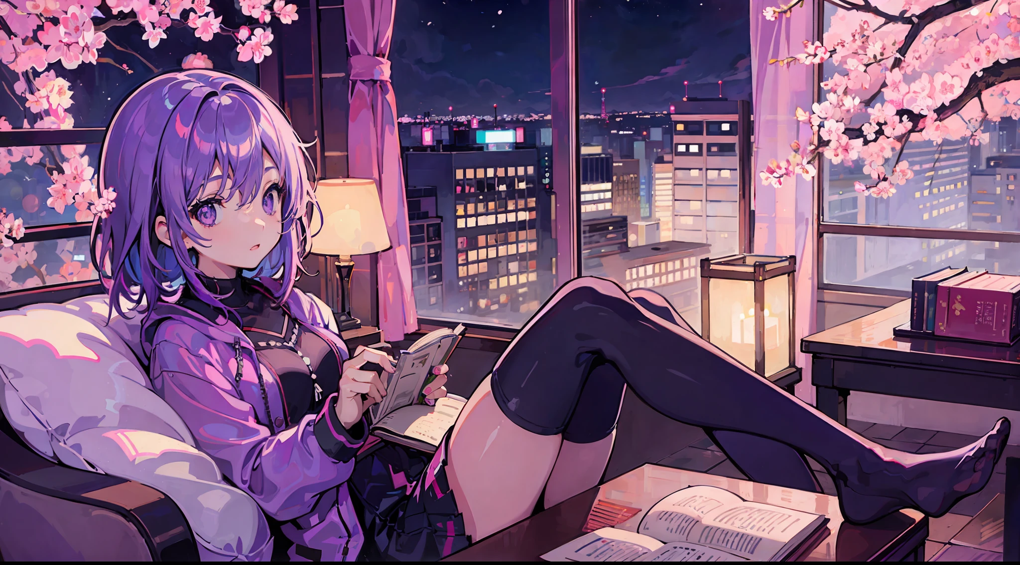 1girl, solo, read book, purple neon lamp, cherry blossoms, window, ht, books, table, indoors