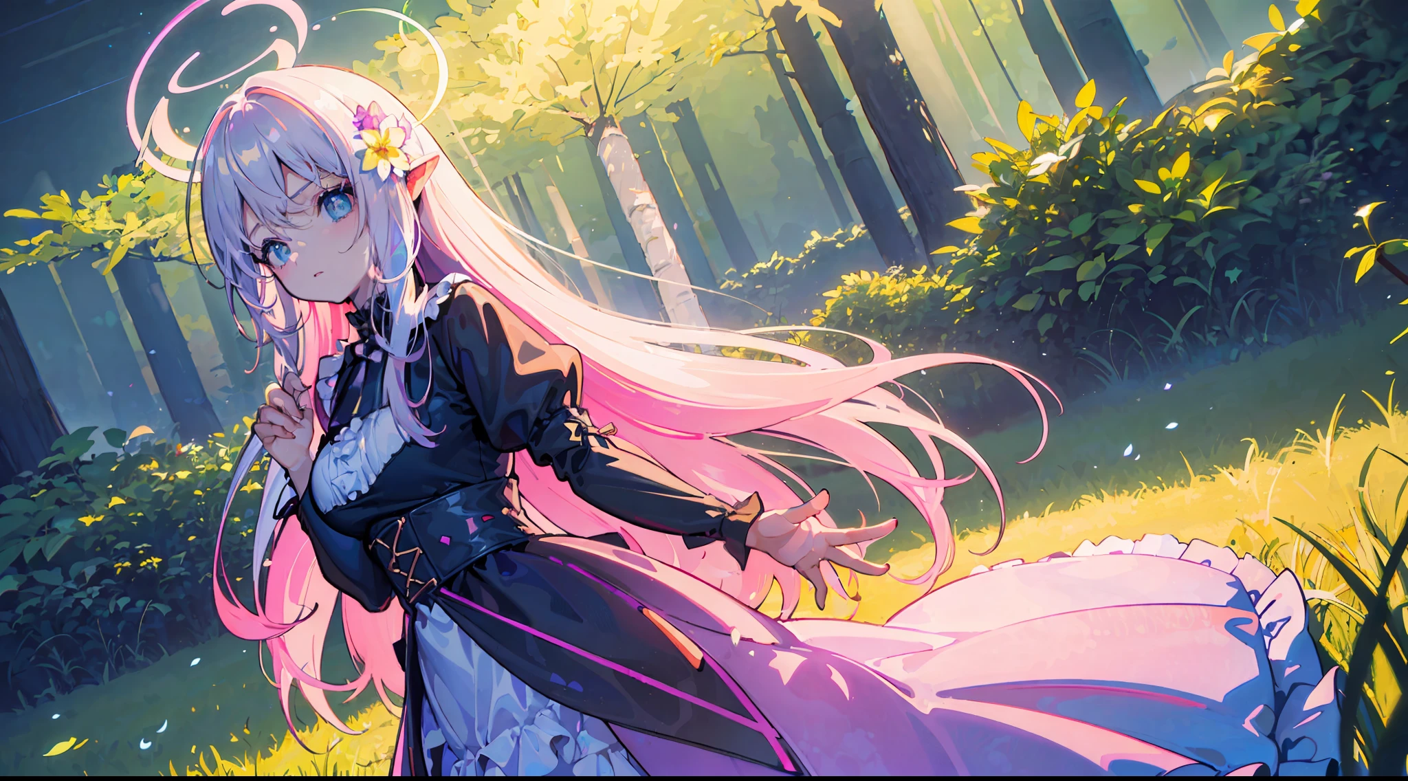 1girl, witch, hatching, beautiful waist, clear hair, clear eyes, ((gradient)), light clouds, air, dream, clear fingers, clear hands, dark background, beautiful dress, beautiful breasts, transparency, beauty, colored strokes, youth, freshness, background sky, (((3d realistic))), ((realistic)), ((neon palette, synthwave style)), ((spring)), goddess of flowers and spring, ((glade in the magical forest)), ((very long hair that turns into flowers and grass on the ground)), ((sorceress of flowers)), mayflower