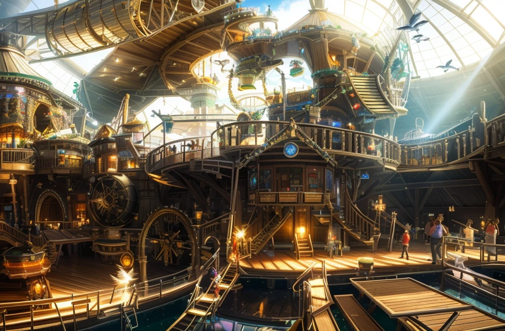 3D architectural rendering, vast, open barn transformed into an indoor playground, bustling with activity. Children and adults, charming wooden cabins, one of which is equipped with an adjacent rotating ((cylindrical slide)). A wooden suspension bridge, realistically rendered with detailed textures and shadows, leads to another cabin in the top right of the image, where a delightfully animated 3D model of a little girl is seen running across. On the left, a (water park) shimmers under the virtual lighting, its pool crowned by a whimsically designed fountain. The fountain, meticulously modelled in 3D, features a stack of bird sculptures - a large bird at the base, a parrot in the middle, and a toucan at the top, each spouting water from their beaks. In the foreground, 3D models of adults sit at small wooden tables, engaged in a meal, their position and interaction adding depth and perspective to the scene.