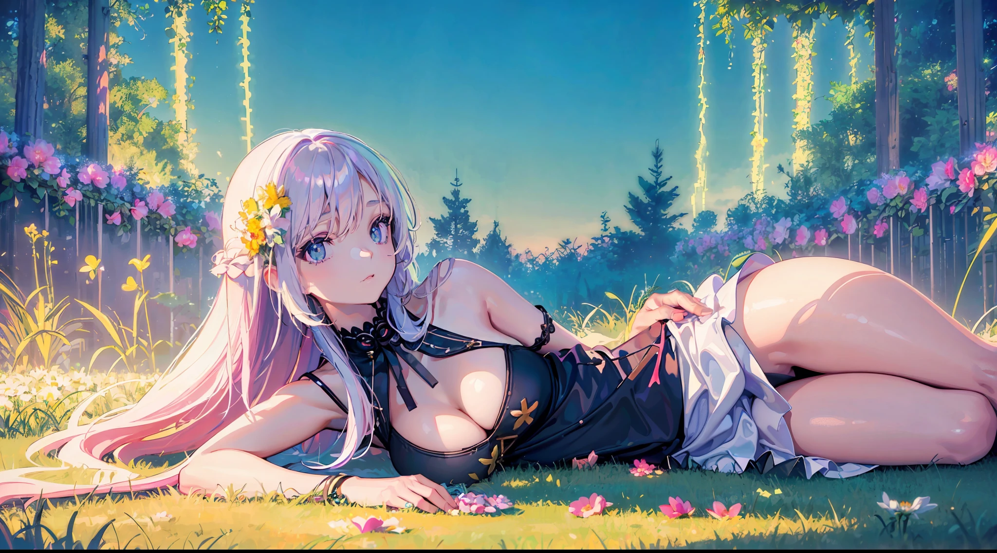1girl, witch, hatching, beautiful waist, clear hair, clear eyes, ((gradient)), light clouds, air, dream, clear fingers, clear hands, dark background, beautiful dress, beautiful breasts, transparency, beauty, colored strokes, youth, freshness, background sky, (((3d realistic))), ((realistic)), ((neon palette, synthwave style)), ((spring)), goddess of flowers and spring, ((glade in the magical forest)), ((very long hair that turns into flowers and grass on the ground)), ((sorceress of flowers)), mayflower