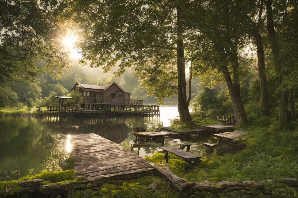 Lakeside house with old wooden pier, light passing through old trees and broken old bench in the garden in front of the house