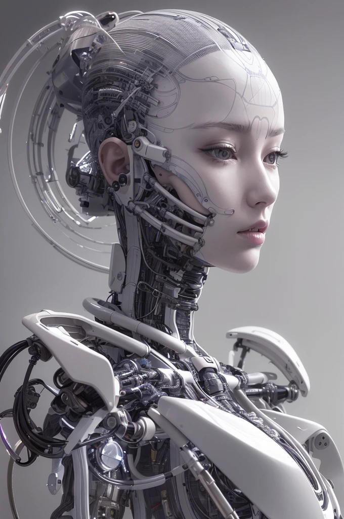 a close up of a woman with a robot head and a robotic body, beutiful white girl cyborg, beutiful girl cyborg, perfect cyborg female, portrait of a futuristic robot, an image of a beautiful cyborg, cyborg - girl, beautiful female android, beautiful cyborg girl, cybernetic machine female face, portrait of a female android, cybernetic and highly detailed