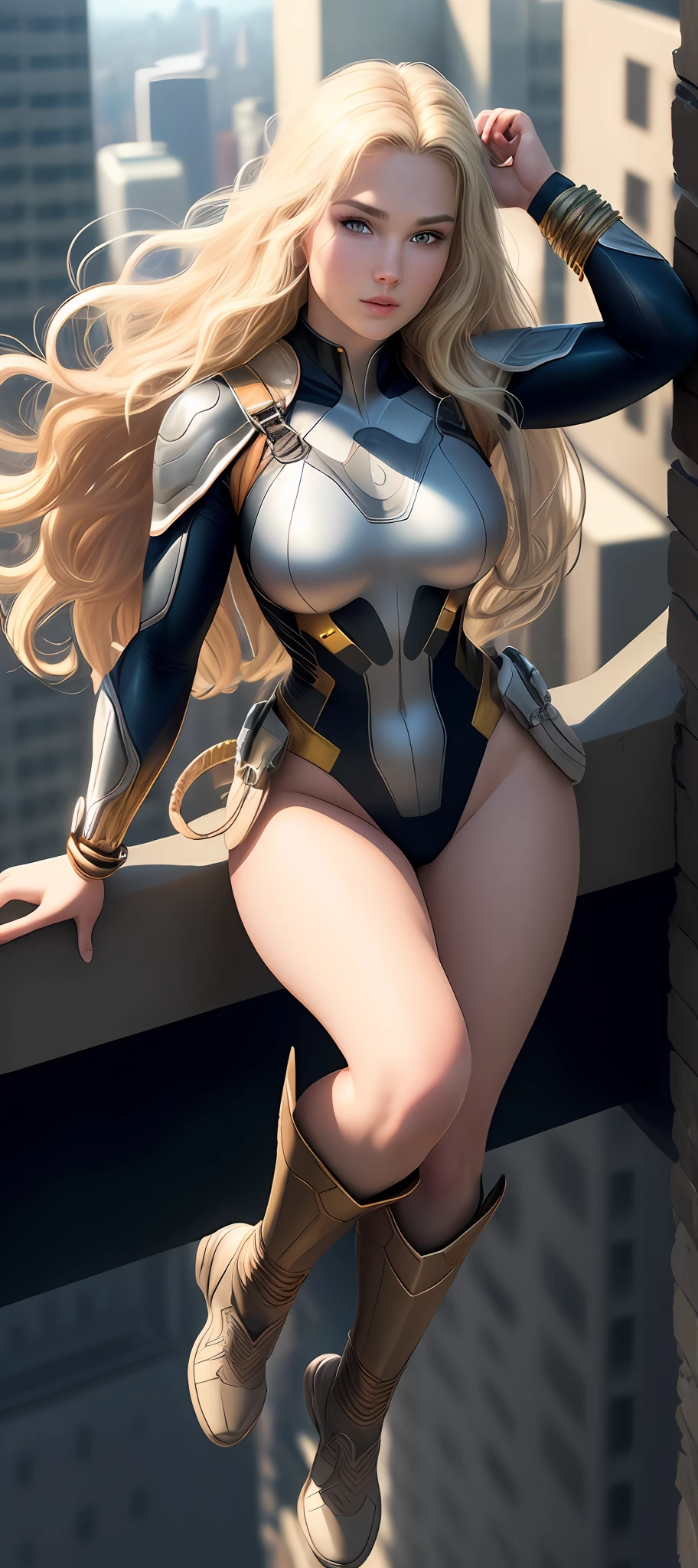 "Complete art masterpiece, high quality, ultra detailed in 4k, 8k, high resolution, hyper-realistic photo, hyper-detailed, realistic skin texture, amazing shadows, extremely detailed texture, perfect lighting, high-level image quality." A female heroine, (Fair skin, blond hair, outlined eyes, outlined face, bracelet, Full body), wearing a one-piece superhero costume, flying over the Edge of a building