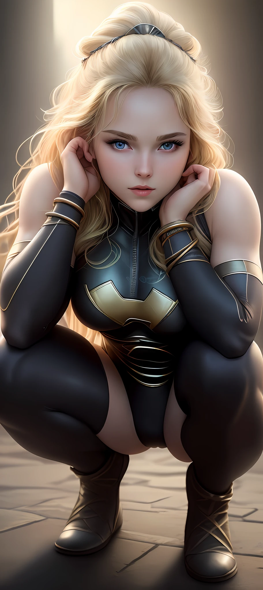 "Complete art masterpiece, high quality, ultra detailed in 4k, 8k, high resolution, hyper-realistic photo, hyper-detailed, realistic skin texture, amazing shadows, extremely detailed texture, perfect lighting, high-level image quality." A female heroine, (Fair skin, blond hair, outlined eyes, outlined face, bracelet, Full body), wearing a one-piece superhero costume, squatting with hands behind head