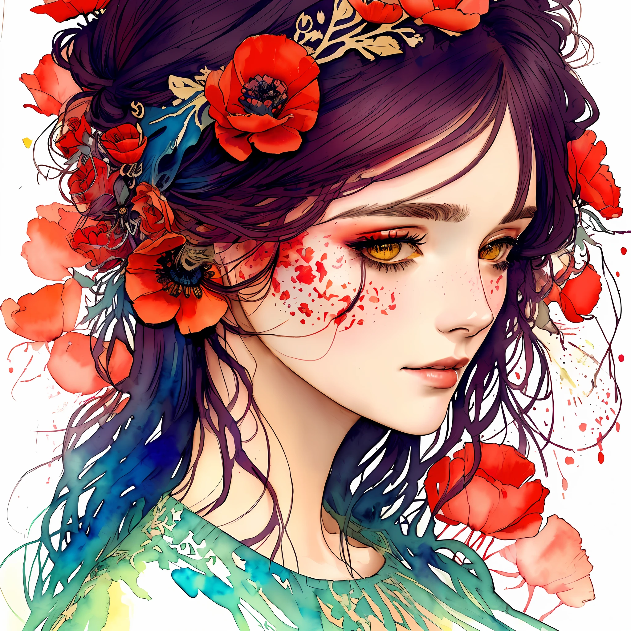 intricately detailed portrait of a woman with poppies and roses in her hair in a rough sketch coloured with watercolor stains, dripping watercolor, ink contours, art by carne griffiths mixed with alfonse mucha,