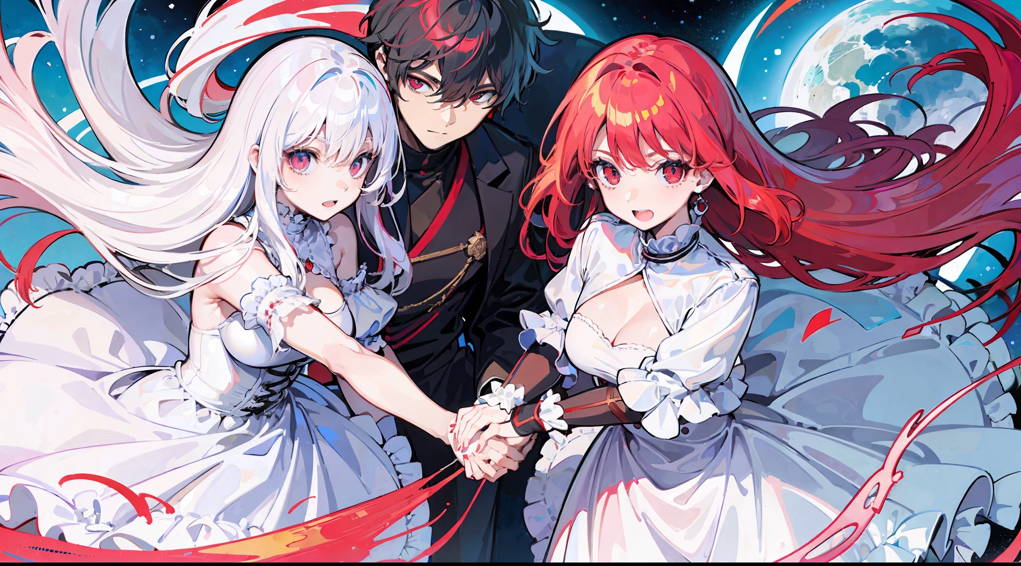 1man, 1woman, holding hands, red eyes, white hair, white dress, red hair, blue eyes, warrior costume, couple