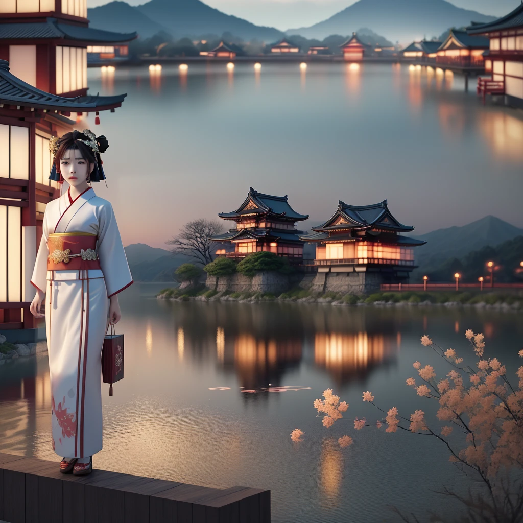 Asian woman in traditional dress on the edge of a lake, Japanese 3 d 8 k ultra detailed, inspired by Torii Kiyomitsu, Japan. volumetric lighting, elegant Japanese woman, inspired by Torii Kiyonobu I
