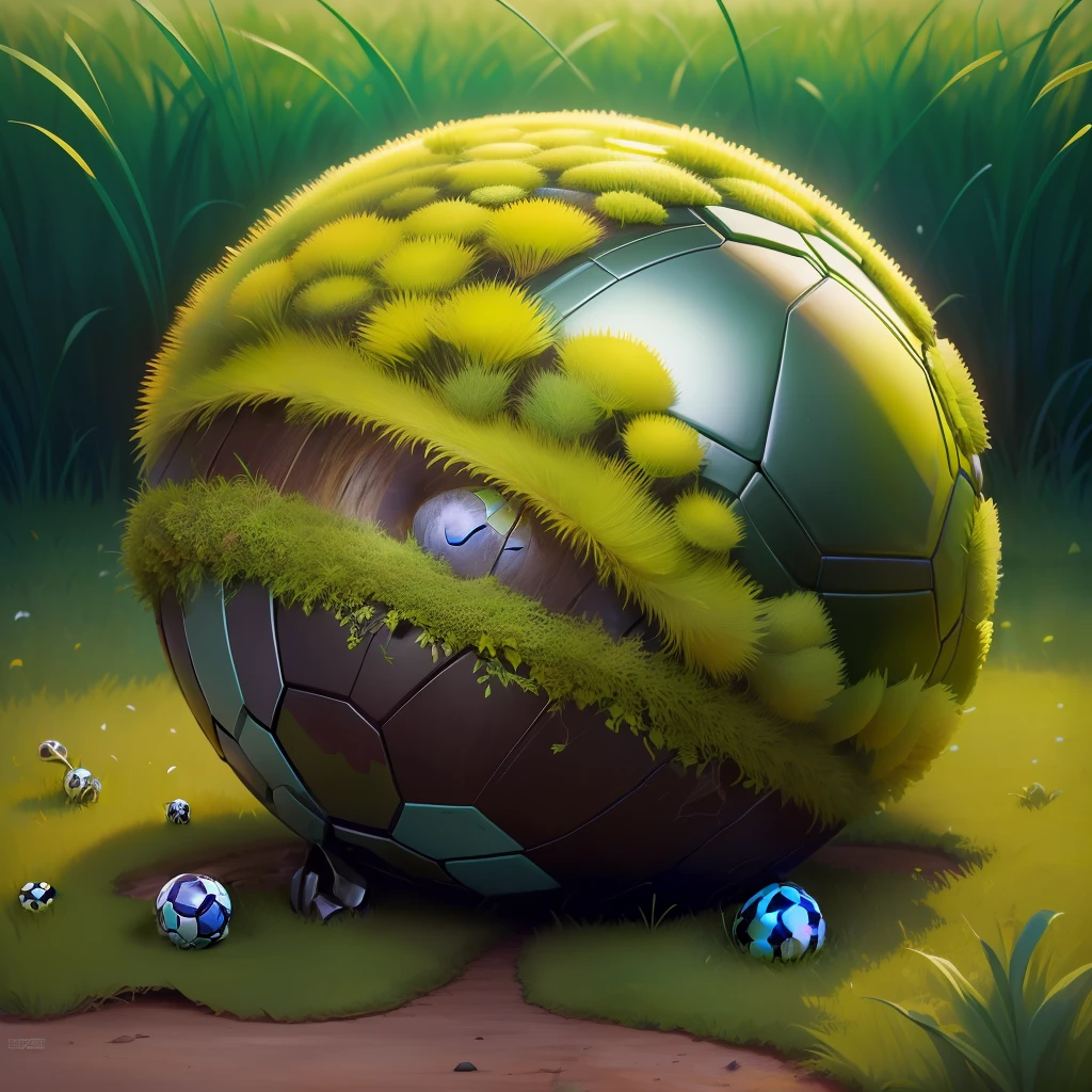 An anthill made of a soccer ball, moss and green grass around. Detail