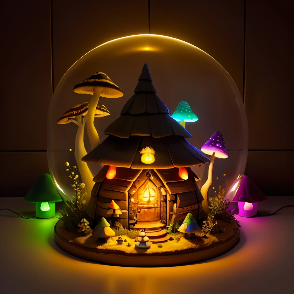 small witch hut with mushrooms and colourful lights inside of an hour glass