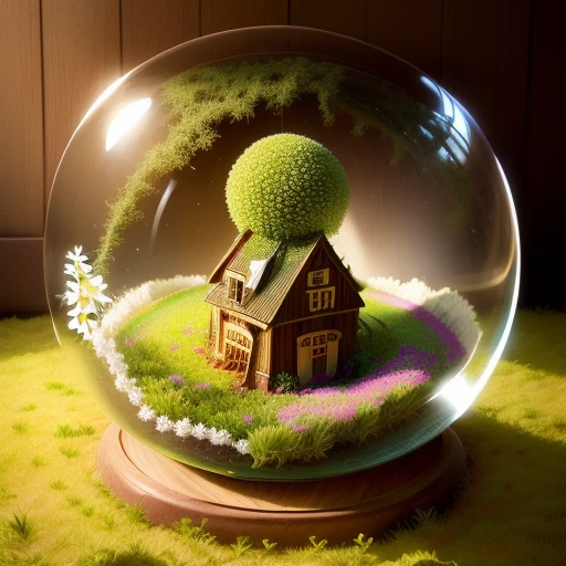 Anthill made out of flowers and grass inside of a glass ball which has wooden details