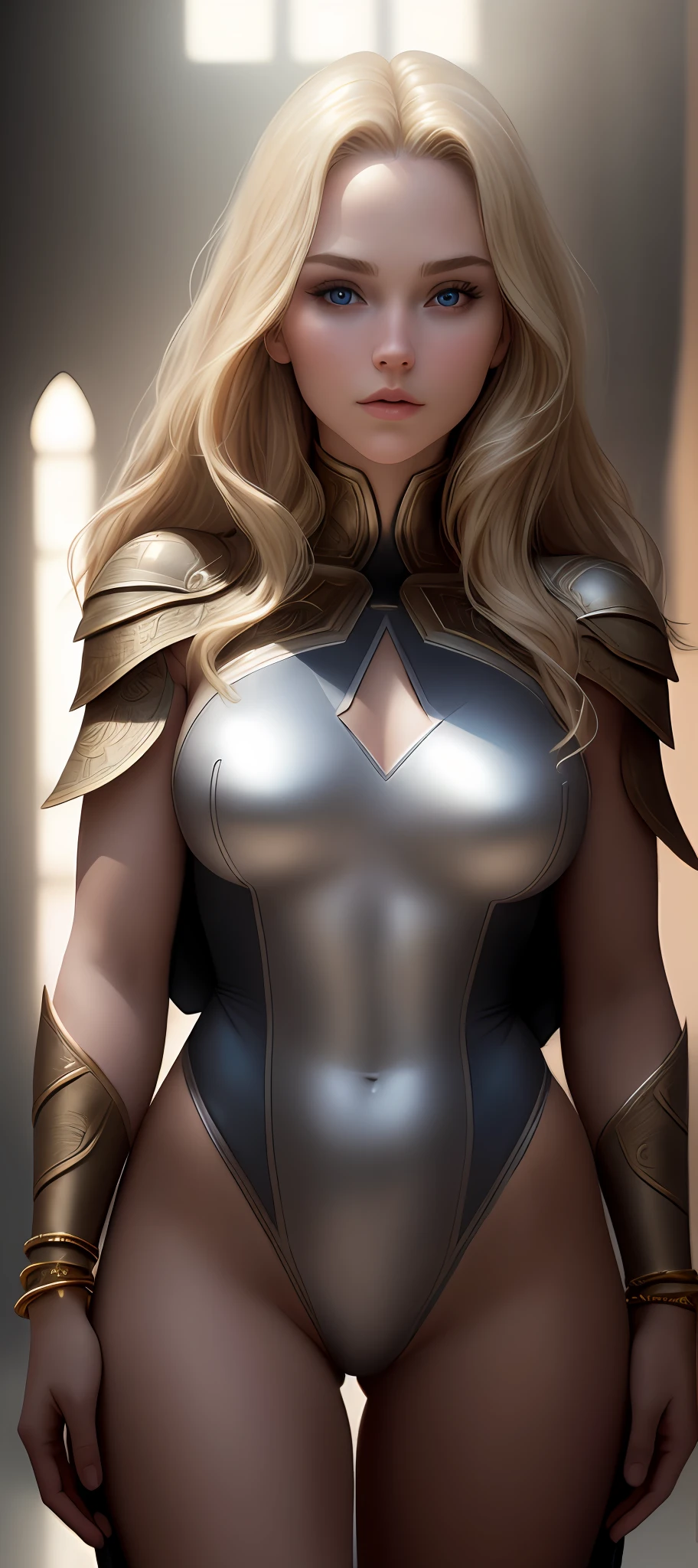 "Complete art masterpiece, high quality, ultra detailed in 4k, 8k, high resolution, hyper-realistic photo, hyper-detailed, realistic skin texture, amazing shadows, extremely detailed texture, perfect lighting, high-level image quality." A female heroine, (Fair skin, blond hair, outlined eyes, outlined face, bracelet, Full body), wearing a one-piece superhero costume, realising a Magic light from hands