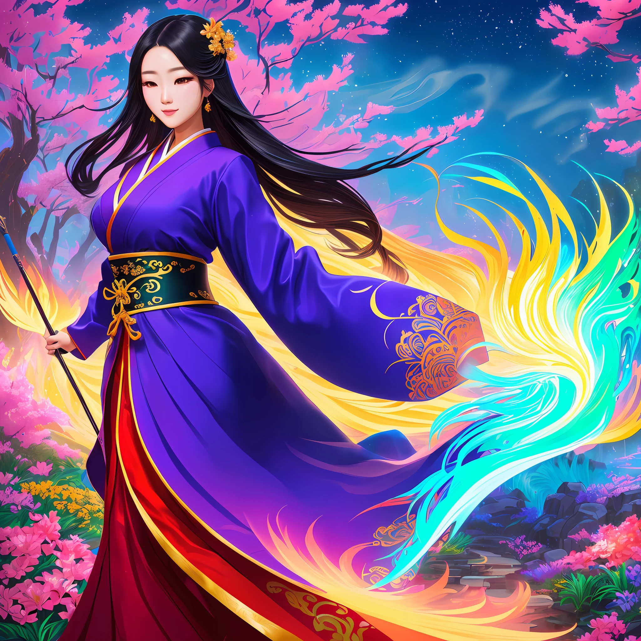 Ultra detailed illustration of a really beautiful korean woman, walking, Full Curvy body, Closeup, Glowing smoke, colorful splashes, sharp strokes, Xianxia, long hair, splendid Robes, (Stardew valley merged with Genshin Impact), Tyrus wong, soft lighting, Elaborate Sect Garden, ornate flowers, fine grass, bloom light, lush vegetation, Stunning enviroment, 32k resolution, Vibrant colors, Bright day