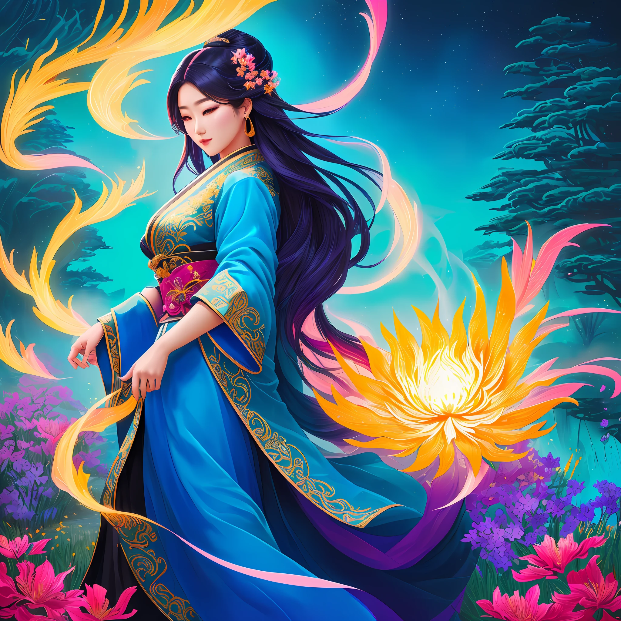Ultra detailed illustration of a really beautiful korean woman, walking, Full Curvy body, Closeup, Glowing smoke, colorful splashes, sharp strokes, Xianxia, long hair, splendid Robes, (Stardew valley merged with Genshin Impact), Tyrus wong, soft lighting, Elaborate Sect Garden, ornate flowers, fine grass, bloom light, lush vegetation, Stunning enviroment, 32k resolution, Vibrant colors, Bright day