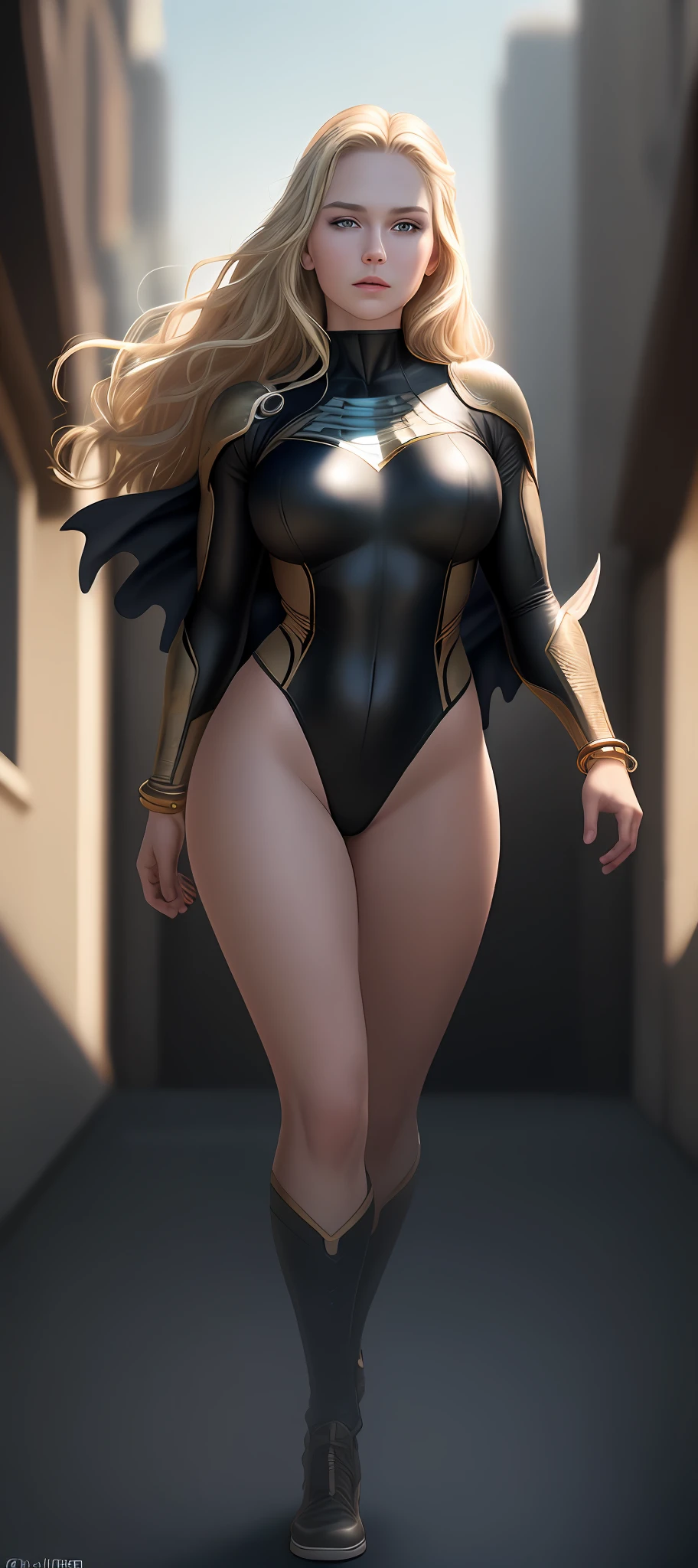 "Complete art masterpiece, high quality, ultra detailed in 4k, 8k, high resolution, hyper-realistic photo, hyper-detailed, realistic skin texture, amazing shadows, extremely detailed texture, perfect lighting, high-level image quality." A female heroine, (Fair skin, blond hair, outlined eyes, outlined face, bracelet, Full body), wearing a one-piece superhero costume, flying over the Edge of a building