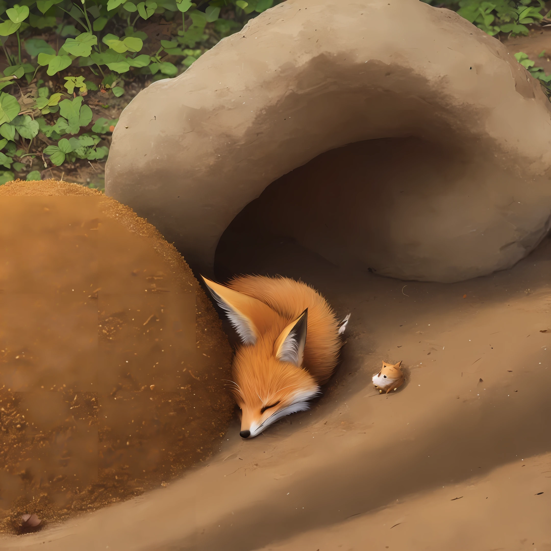 fox sleeping on an anthill with small ant entrance by the foxes nose. fox sleeping in the shape of a half circle