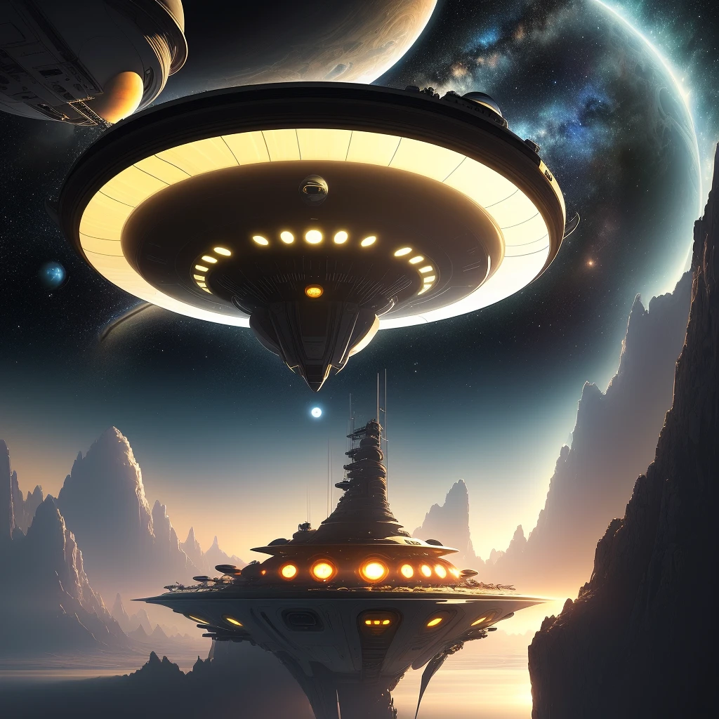 mothership landed on saturn, concept art, starship, sci-fi, saturns ring visible on the horizon, starry sky