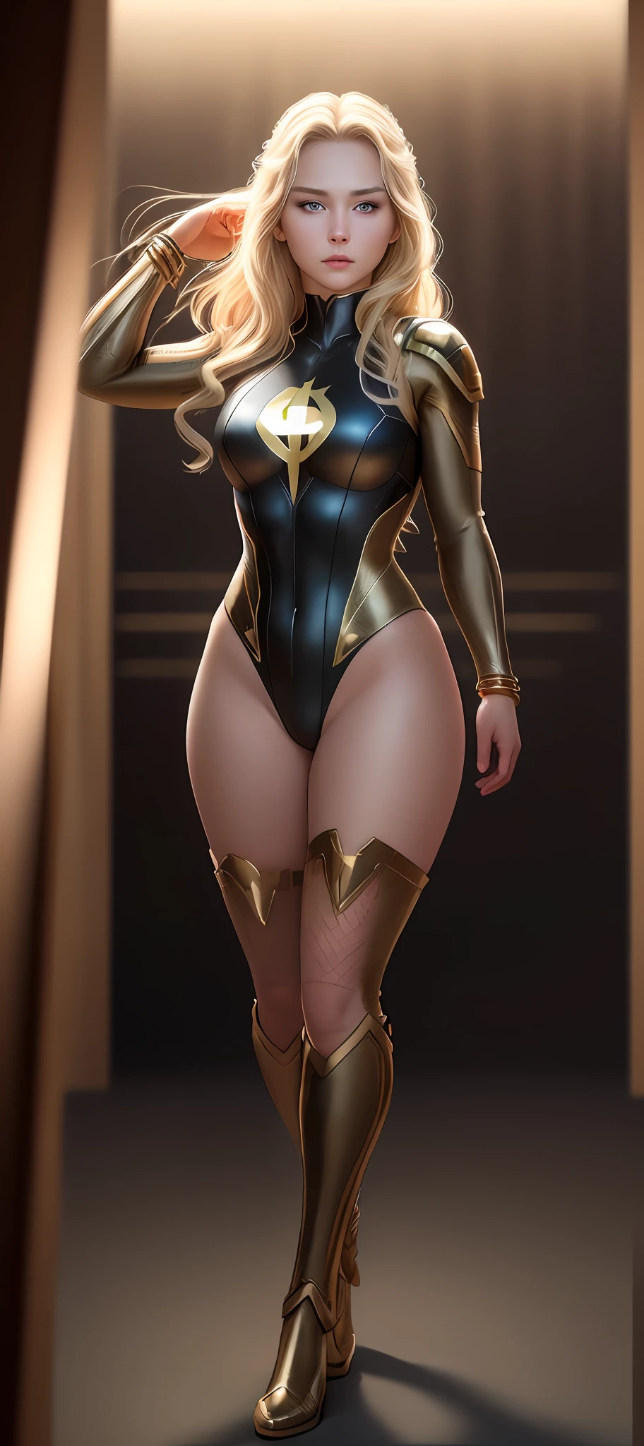 "Complete art masterpiece, high quality, ultra detailed in 4k, 8k, high resolution, hyper-realistic photo, hyper-detailed, realistic skin texture, amazing shadows, extremely detailed texture, perfect lighting, high-level image quality." A female heroine, (Fair skin, blond hair, outlined eyes, outlined face, bracelet, Full body), wearing a one-piece superhero costume, shy face,