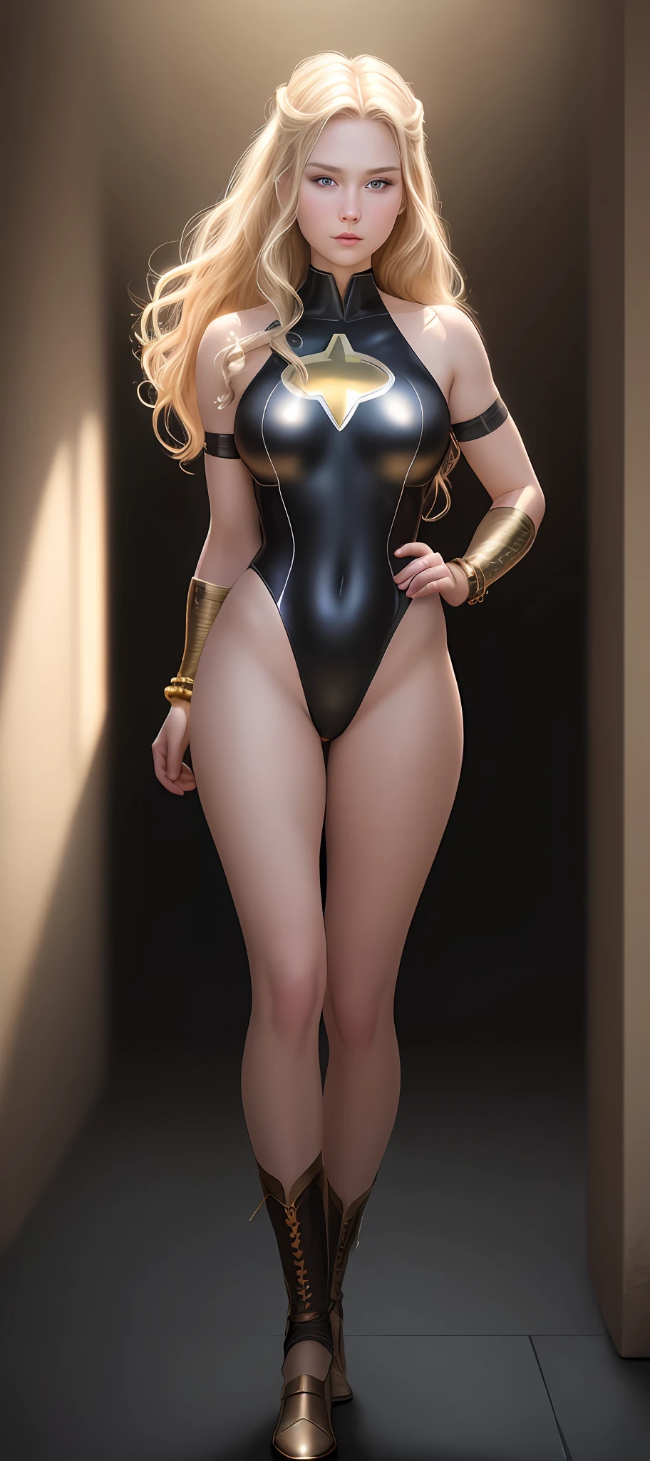 "Complete art masterpiece, high quality, ultra detailed in 4k, 8k, high resolution, hyper-realistic photo, hyper-detailed, realistic skin texture, amazing shadows, extremely detailed texture, perfect lighting, high-level image quality." A female heroine, (Fair skin, blond hair, outlined eyes, outlined face, bracelet, Full body), wearing a one-piece superhero costume, shy face,