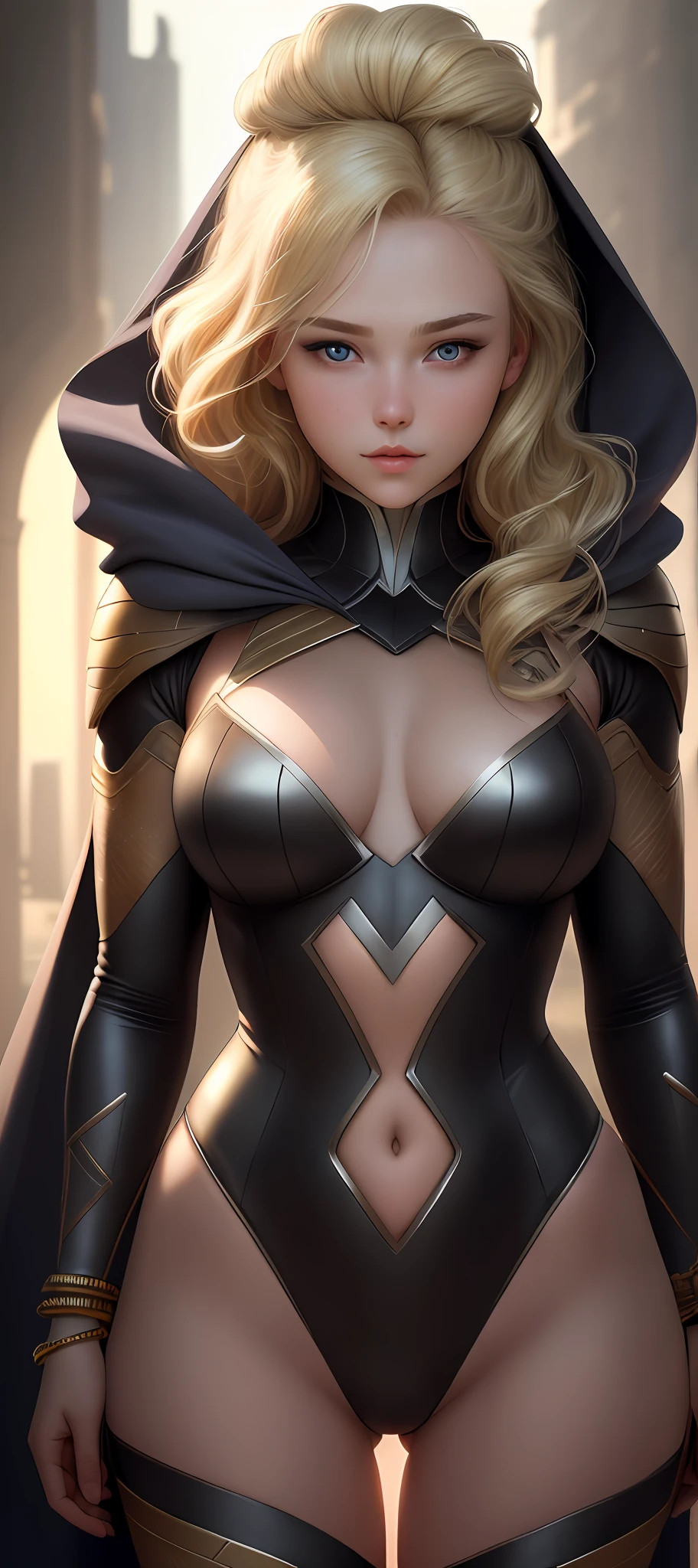 "Complete art masterpiece, high quality, ultra detailed in 4k, 8k, high resolution, hyper-realistic photo, hyper-detailed, realistic skin texture, amazing shadows, extremely detailed texture, perfect lighting, high-level image quality." A female heroine, (Fair skin, blond hair, outlined eyes, outlined face, bracelet, Full body), wearing a one-piece superhero costume, shy face,