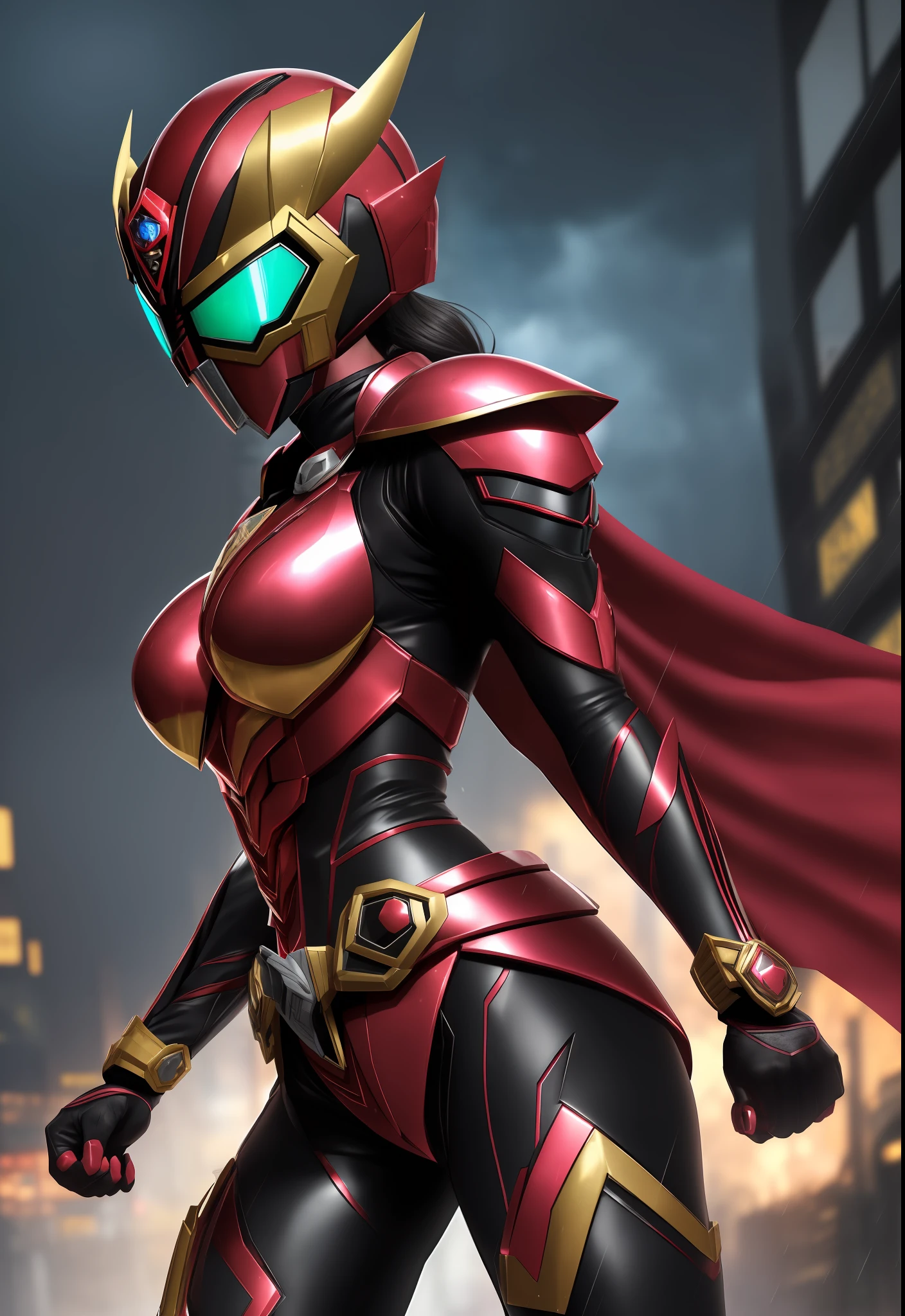 ((1girl/kamen rider Kuuga/helmet with easy mask)), Unreal Engine 5/Mortal Kombat, anime style, full resolution/quality/sharpness/detail viewer, (no hair), breasts1giant, spectator/looking/face/showing off/fighting position/clenched fists, in a futuristic city raining/thundering.