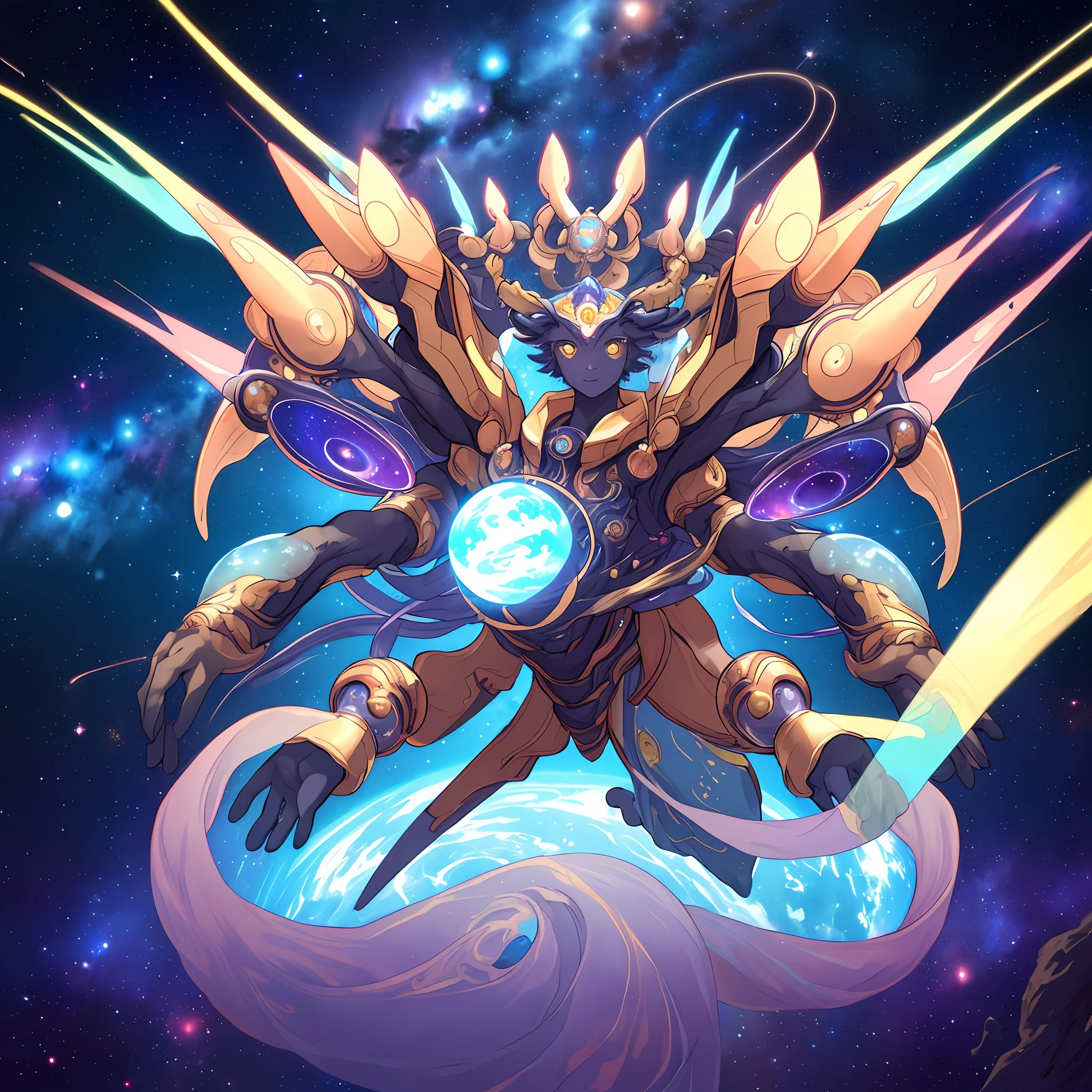 8k quality, cinematic focus, mystical being flying, 7 eyes, 9 arms, 3 legs, space background, planets and stars, beautiful colors, detailed