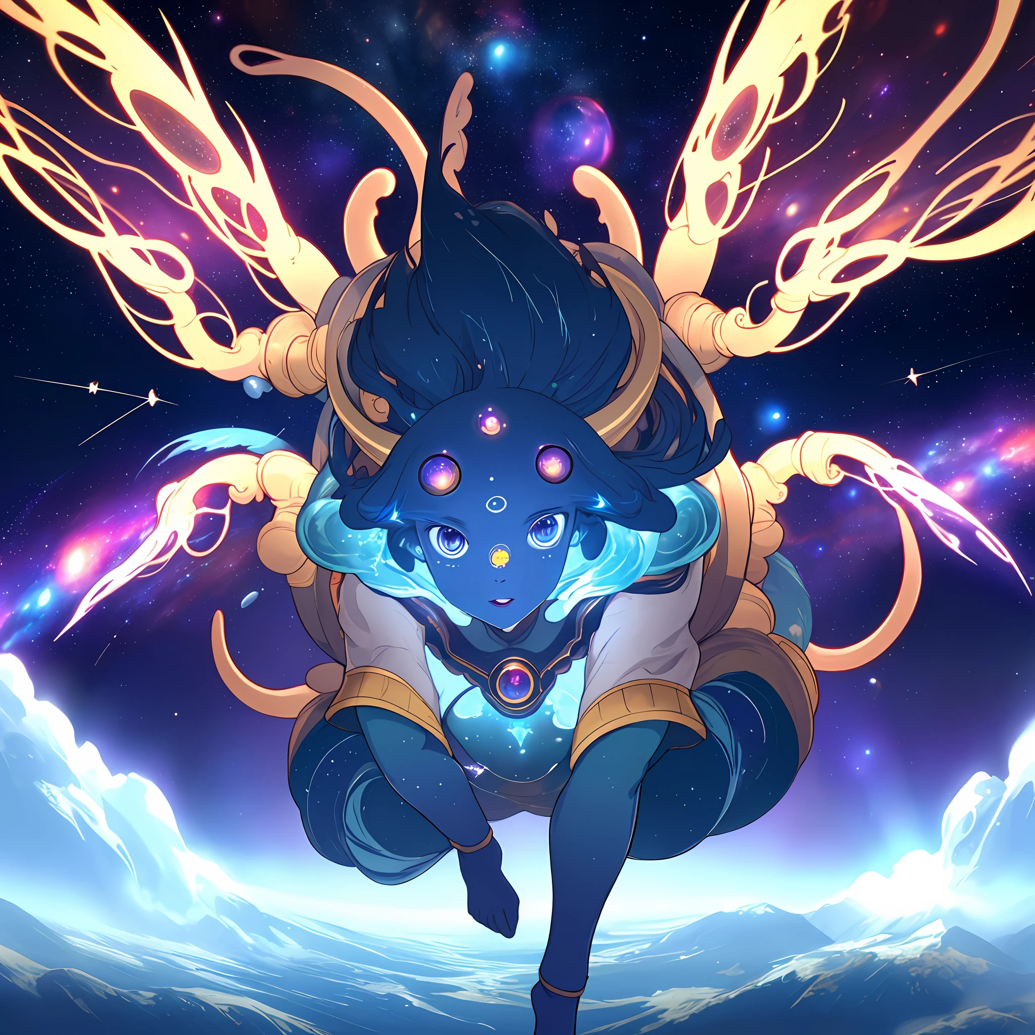 8k quality, cinematic focus, mystical being flying, 7 eyes, 9 arms, 3 legs, space background, planets and stars, beautiful colors, detailed