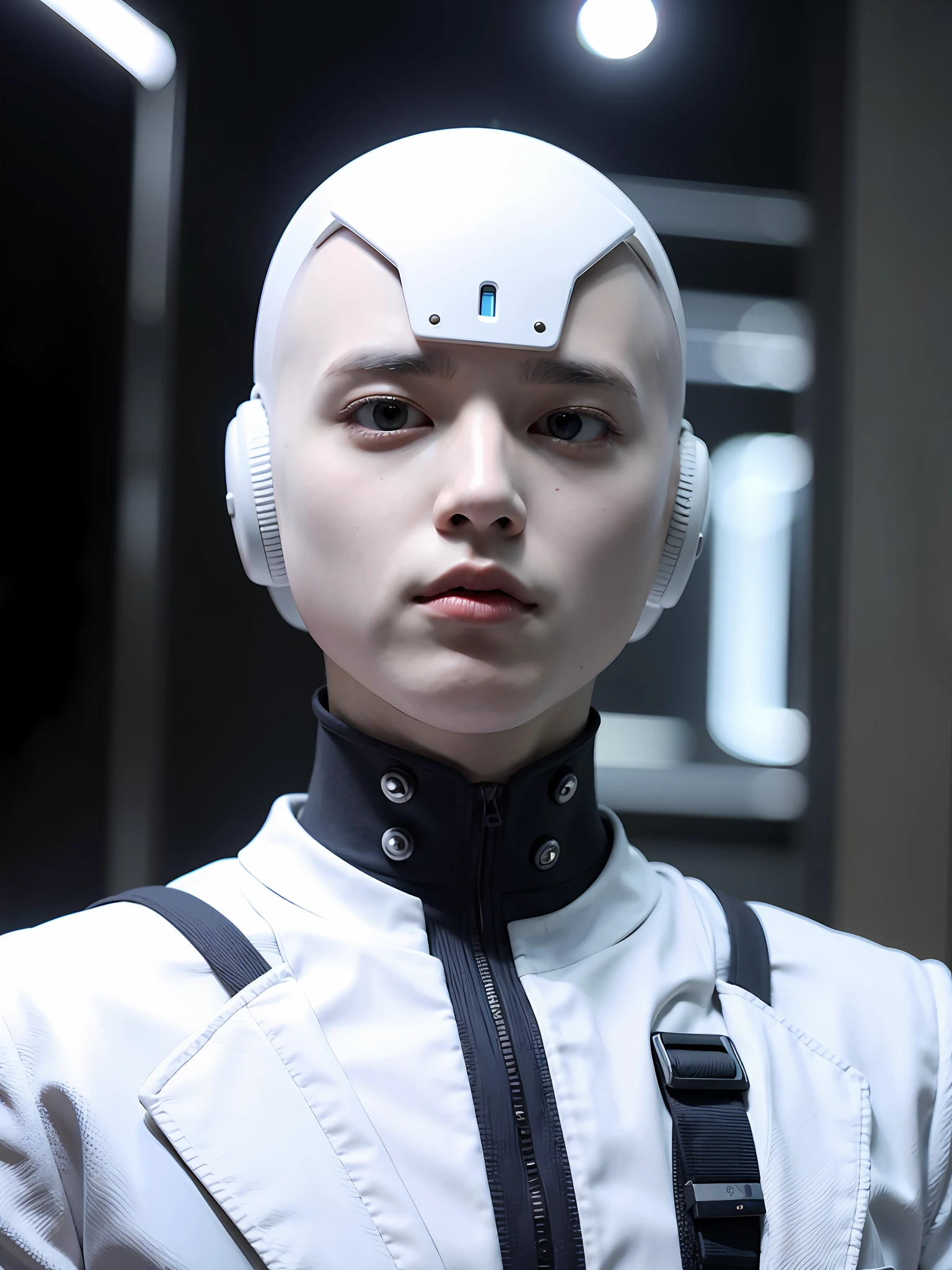 white robo man, looking at de camera, facing the camera and cyberpunk backdrop in the background