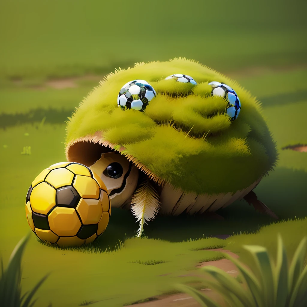 An anthill made of a soccer ball, moss and green grass around. Detail