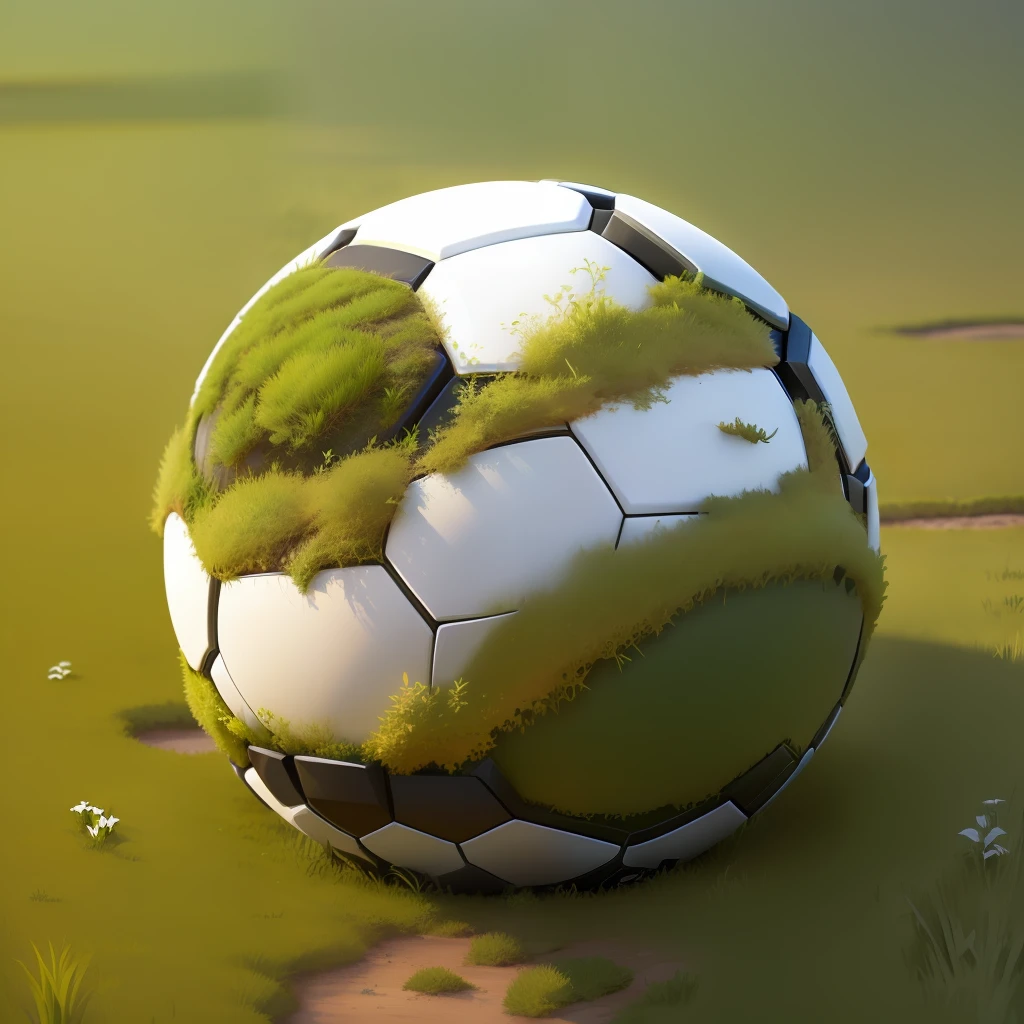 An anthill made of a soccer ball, moss and green grass around. Detail