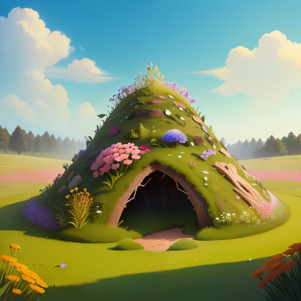 Anthill made out of flowers and grass with wood details and some clean visual effects