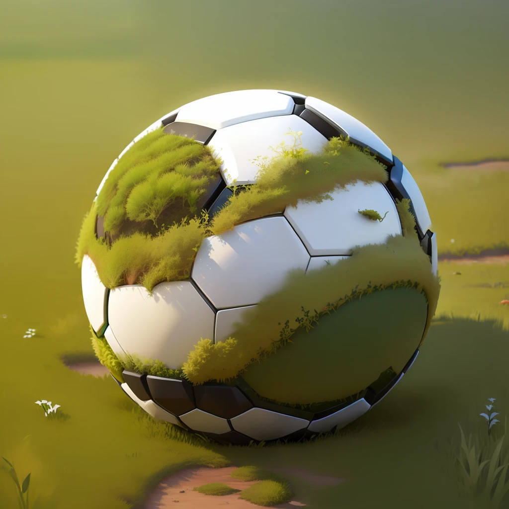 An anthill made of a soccer ball, moss and green grass around. Detail