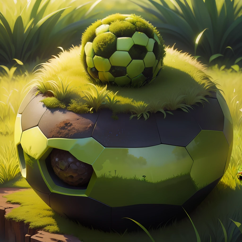 An anthill made of a soccer ball, moss and green grass around. Detail