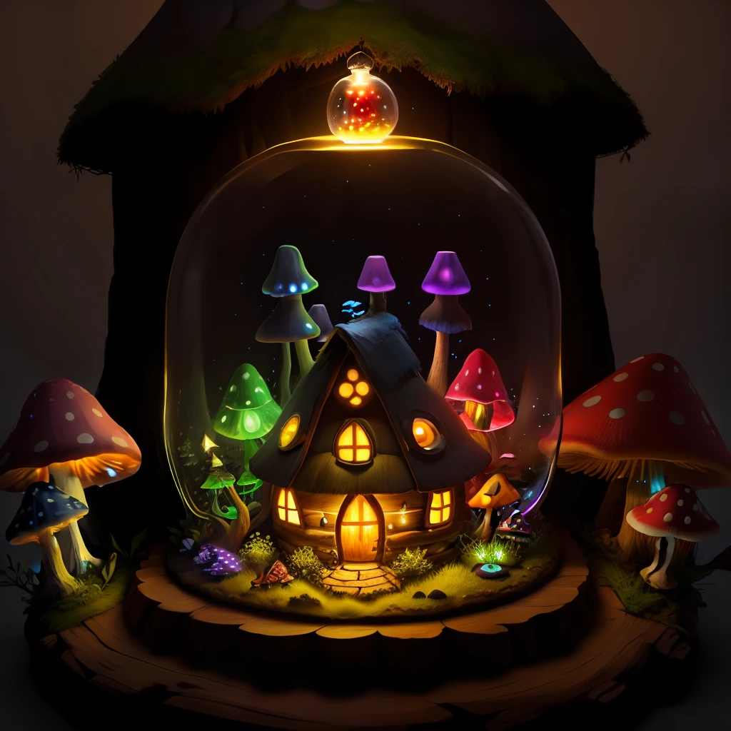 small witch hut with mushrooms and colourful lights inside of an hour glass