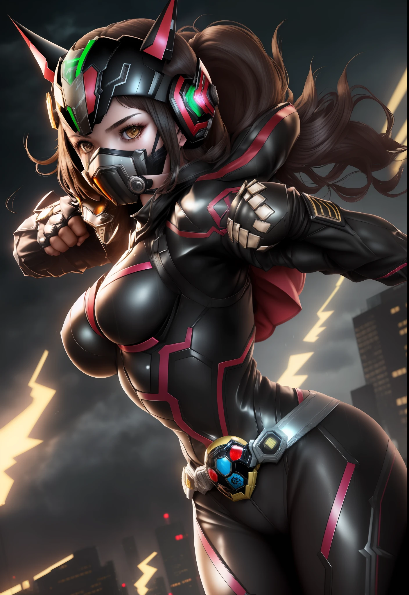 ((1girl/kamen Rider Shake/helmet with easy mask)), Unreal Engine 5/Mortal Kombat, anime style, full resolution/quality/sharpness/detail viewer, (no hair), breasts1giant, facing the viewer/staring, fighting position, clenched fists, in a futuristic city raining and thundering.