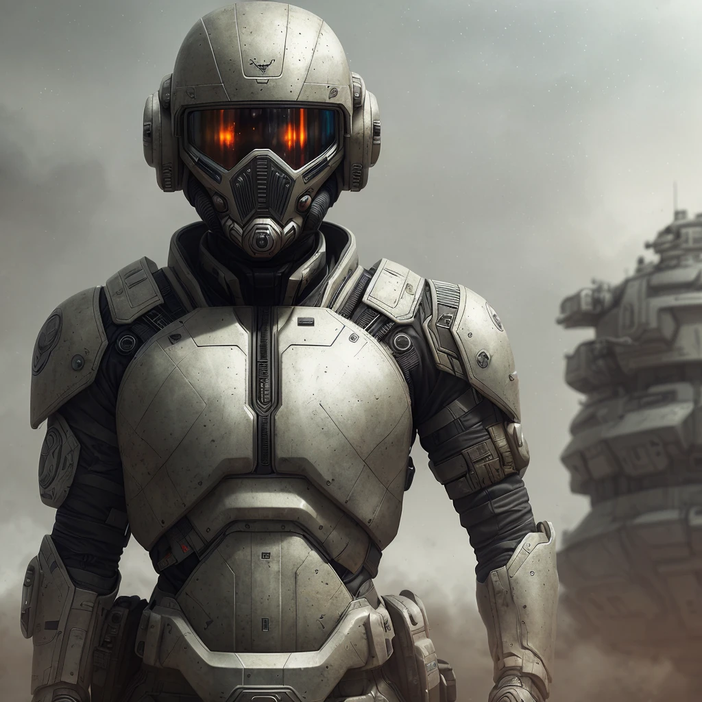 futuristic soldier in a battle suit facing the viewer, epic realistic, photo, faded, complex stuff around, intricate background, neutral colors, ((((hdr)))), ((((muted colors)))), intricate scene, artstation, intricate details, vignette