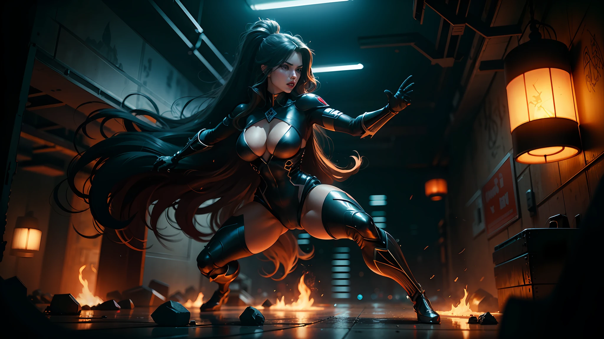 A long-haired superheroine in dynamic pose, dark and menacing and dangerous environment, insane quality, intricate details, perfect features, dramatic, cinematic lighting, accent lighting, SSAA, smooth render